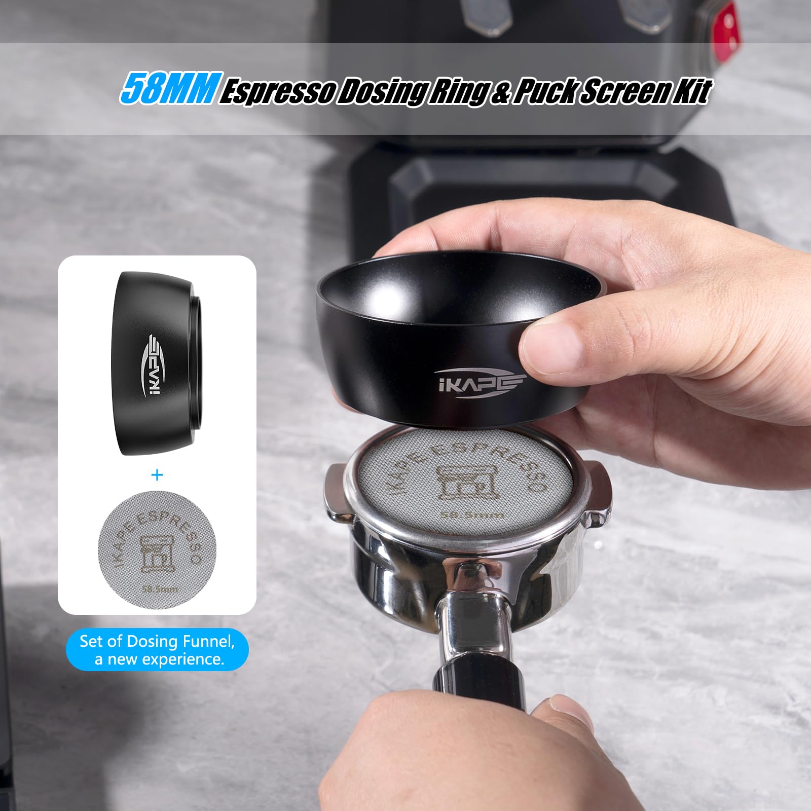 IKAPE Juego de Embudo Dosificador Magnético, Anillo Dosificador de Café Expreso Y Kit de Pantalla de Disco Compatible con Portafiltro Sin Fondo, con 10 Imanes Pequeños 58Mm Negro