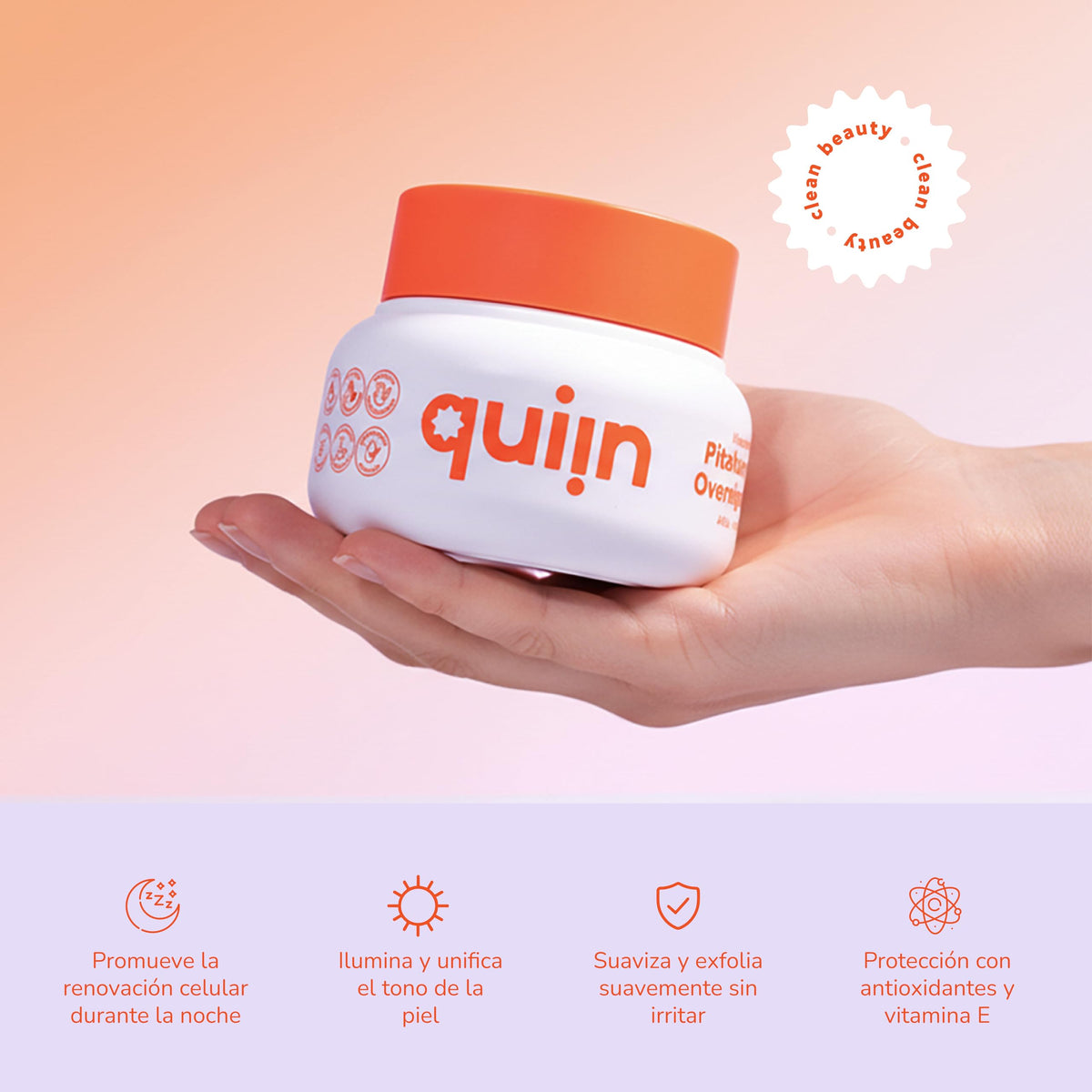 Quiin Pitahaya Glow Overnight Mask – Mascarilla Facial Nocturna con AHA’s de Pitahaya y Aloe Vera – Exfoliación Suave para una Piel Renovada y Radiante – 50 ml