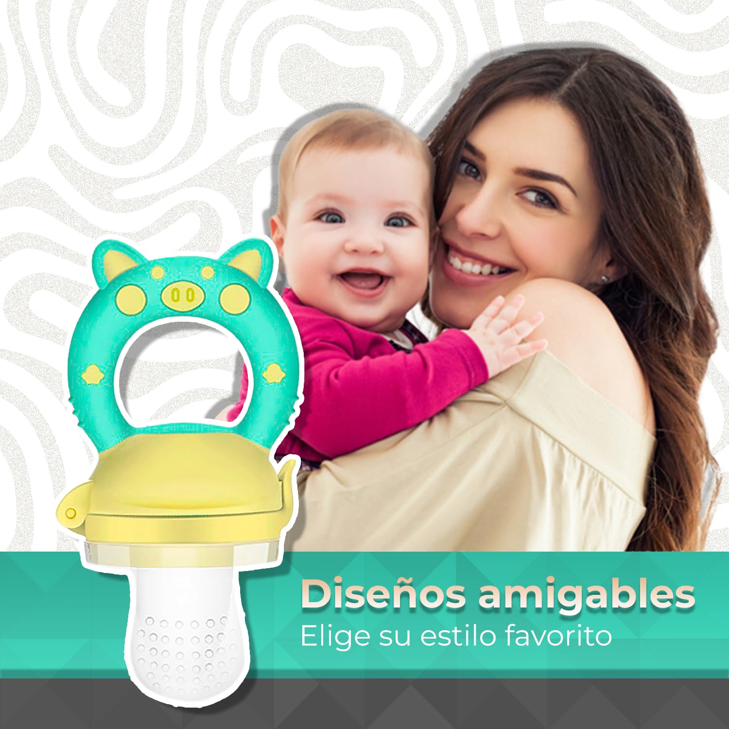Chupones/Chupetes Ergonómicos para Frutas, Papillas y Cereales con Seguro y Tapa Protectora Libre de BPA, Dibujos Animados, Unisex de 4m+ (Pig Verde Amarillo)