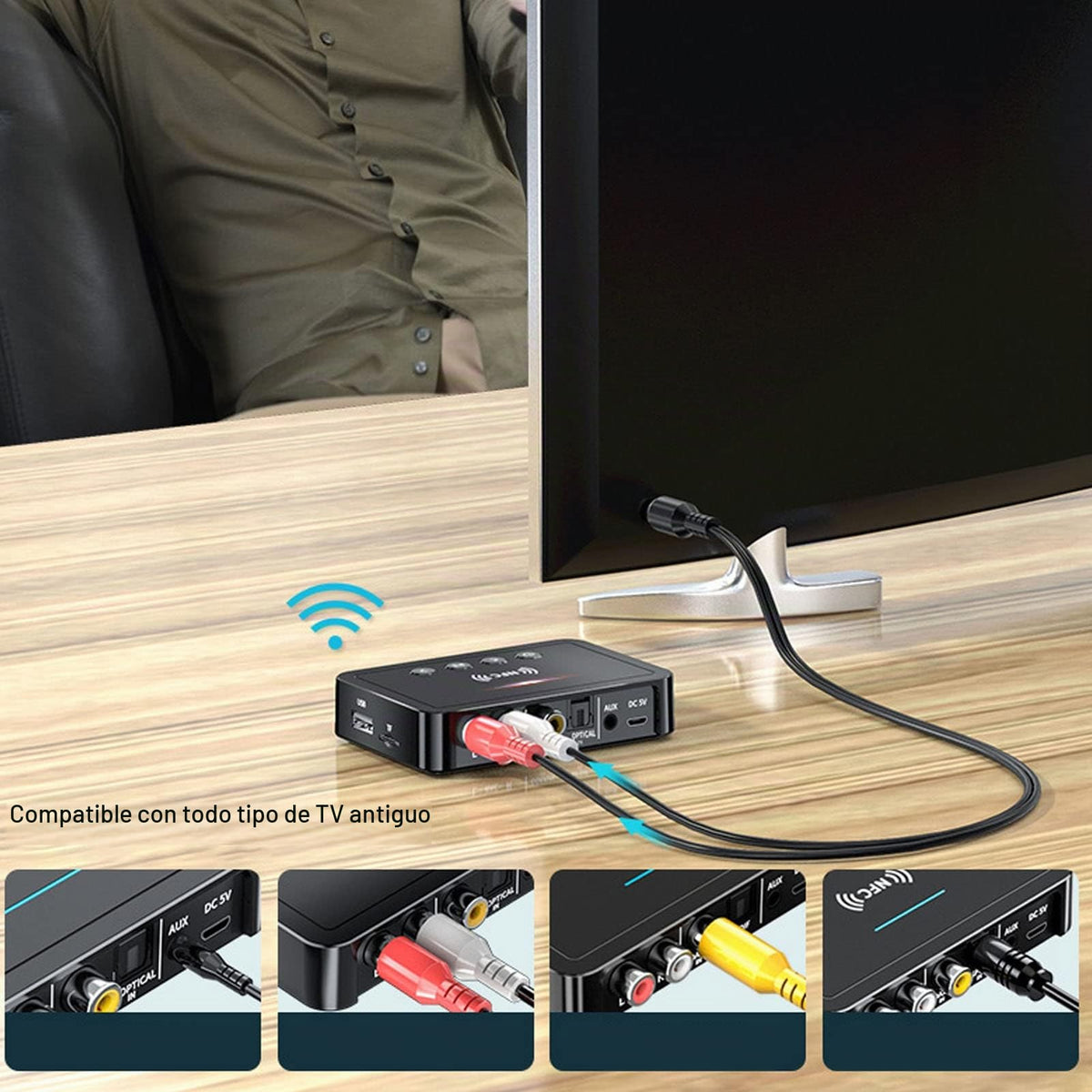 Receptor Transmisor Bluetooth 5.0 NFC Adaptador 3 en 1 Audio Negro para PC y TV