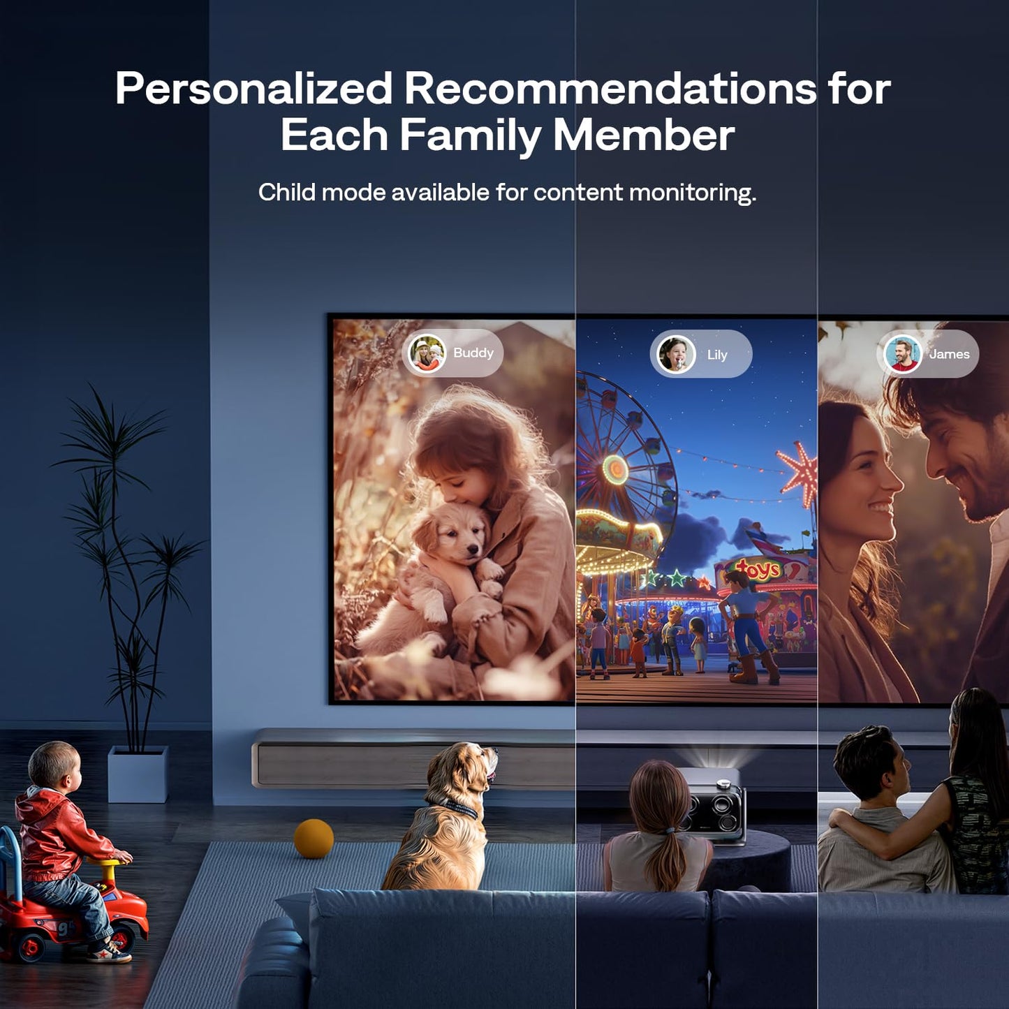 Aurzen BOOM Mini proyector inteligente para Google TV para exteriores con WiFi y Bluetooth, control de voz, modo familiar, audio Dolby de 20 W, enfoque en tiempo real, proyector de película compatible