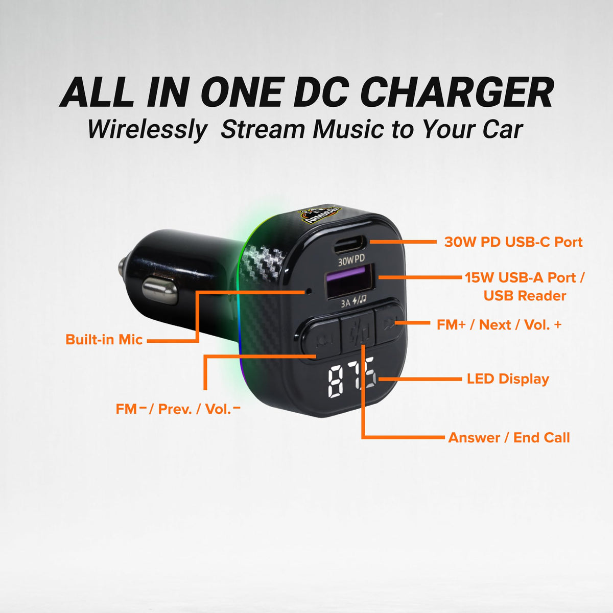 Transmisor FM Bluetooth Armor All Negro con Cargador Rápido USB para Llamadas Manos Libres