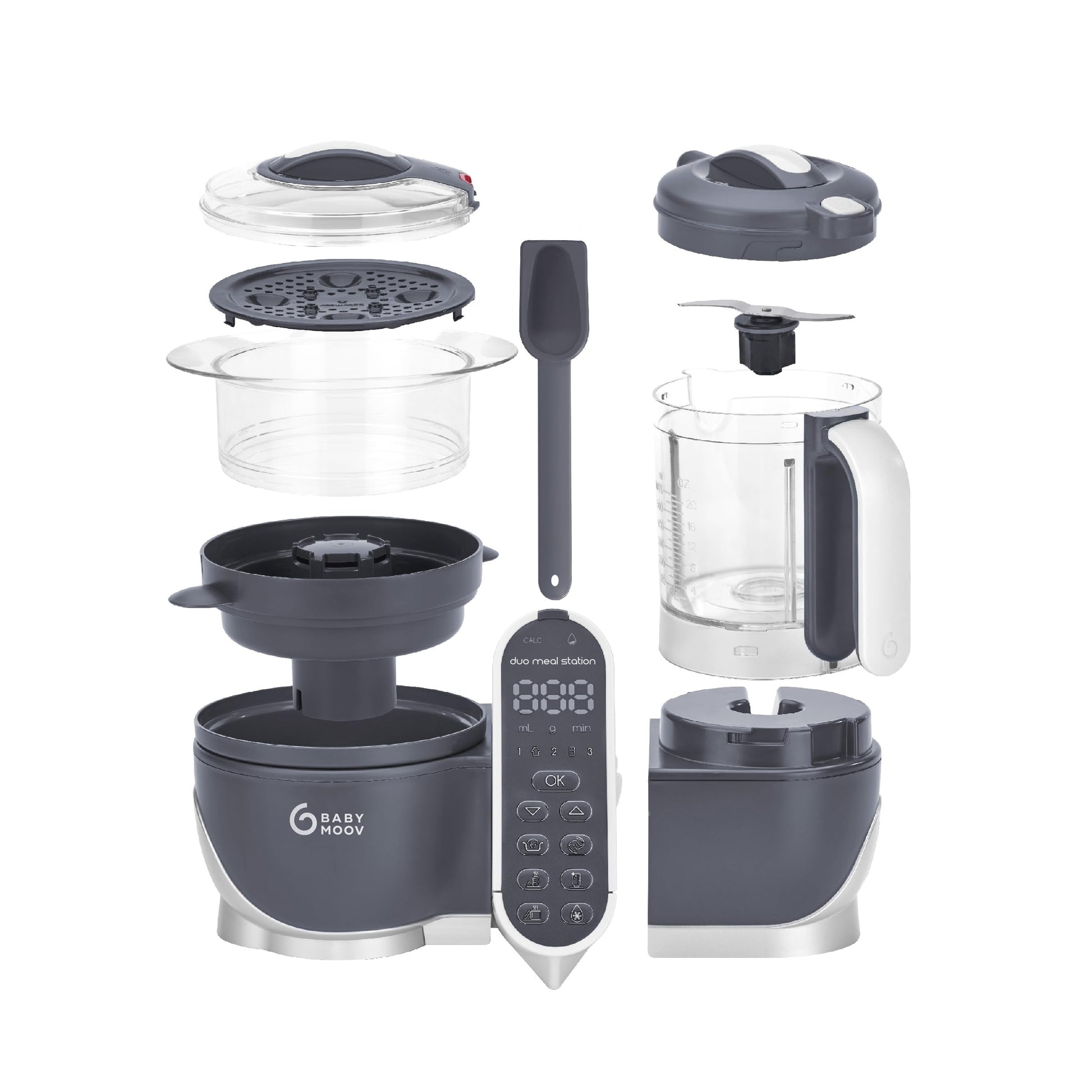 Babymoov Duo Meal 6 en 1: Procesador de Alimentos para Bebés con Vaporizador y Licuadora de Velocidades Múltiples, Calienta y Descongela (Aprobado por Nutricionistas), Gris