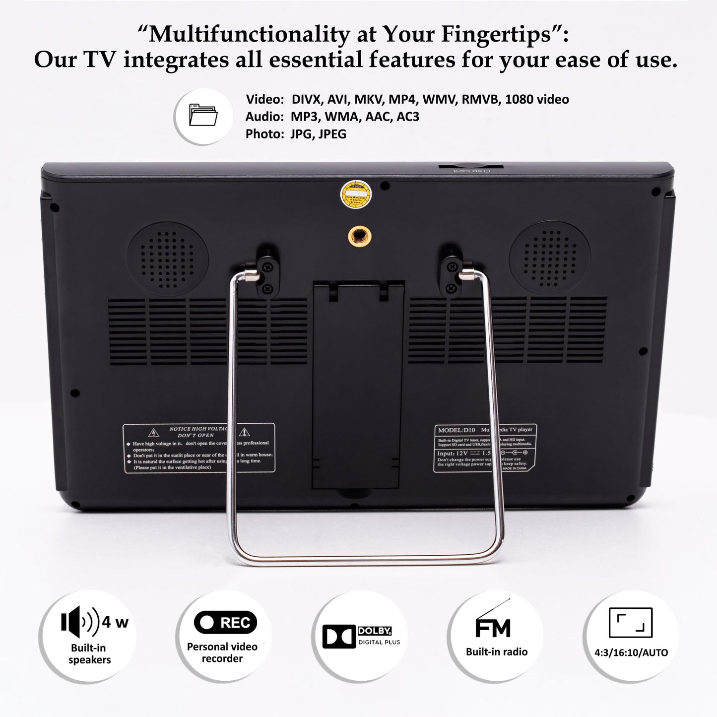 DenyDan Televisión portátil de 10" menús en español, Pantalla LED HD 720p, HDMI/USB/AV/SD, batería 4000 mAh hasta 8 h, 12V/24V/110V, Ideal para Auto, camión, RV y Camping