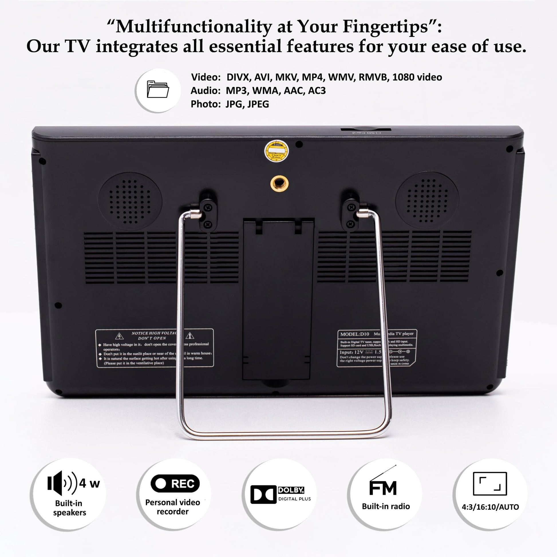 DenyDan Televisión portátil de 10" menús en español, Pantalla LED HD 720p, HDMI/USB/AV/SD, batería 4000 mAh hasta 8 h, 12V/24V/110V, Ideal para Auto, camión, RV y Camping