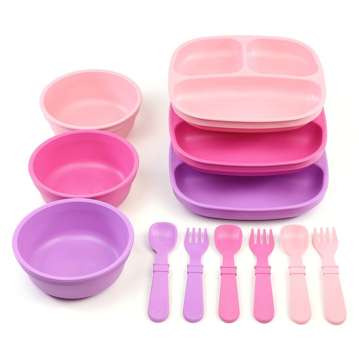 Re-Play - Juego de vajilla para niños pequeños, 3 platos divididos, 3 cuencos de aperitivos y 3 juegos de tenedor y cuchara, vajilla para niños sin BPA, apto para lavaplatos, fabricado en Estados