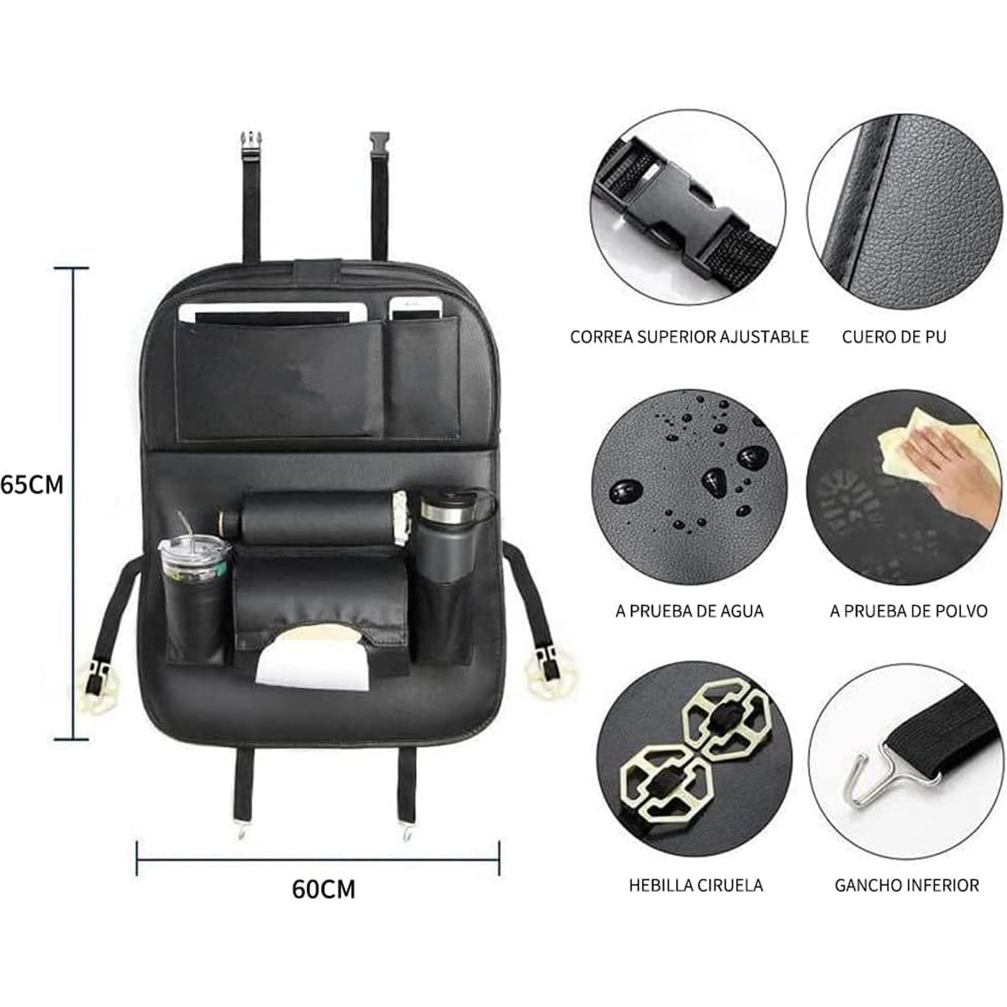 Organizador de Asiento Trasero, Piel Sintética Protectores de Respaldo Asiento para Auto con 7 Compartimentos, Comedor Mesa Plegable con Soporte, Espacio para Tableta (Marrón)