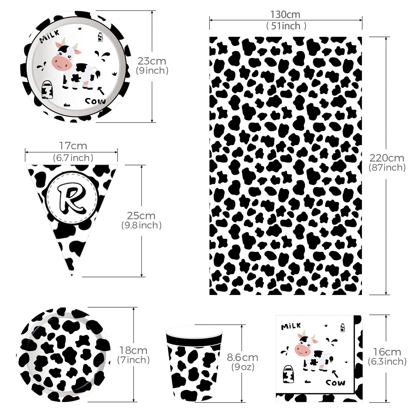 Decoraciones de fiesta de feliz cumpleaños de vaca, suministros de fiesta con estampado de vaca para niños, incluye platos, servilletas de papel, mantel, juego de fiesta temática de animales para
