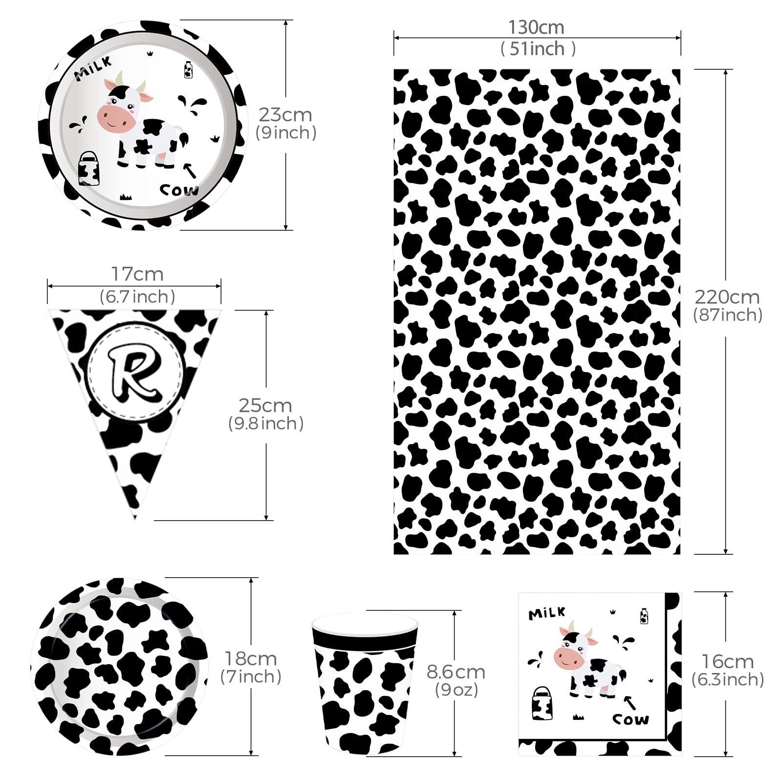 Decoraciones de fiesta de feliz cumpleaños de vaca, suministros de fiesta con estampado de vaca para niños, incluye platos, servilletas de papel, mantel, juego de fiesta temática de animales para