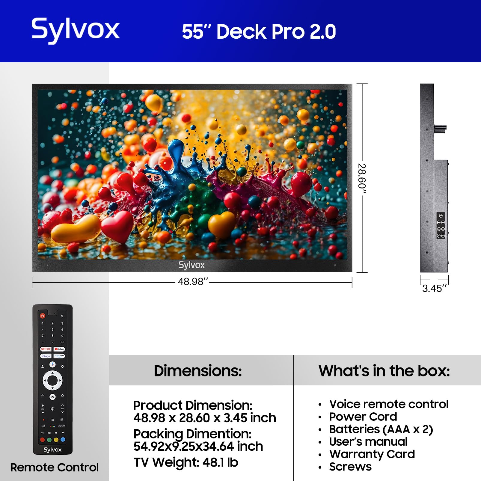 TV para Exteriores SYLVOX 55 Pulgadas IP55 Impermeable Sol Parcial 1000 Nits Google Smart TV Chromecast Asistente de Google