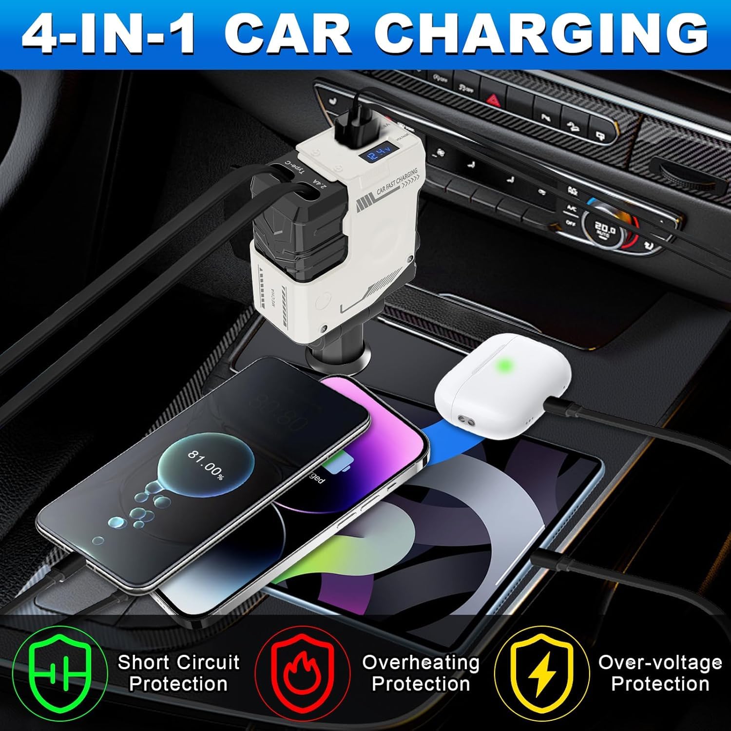 JIEYOUTA Cargador para Auto Tipo C 4 en 1-120W Carga Rápida, Incluye 2 Cables Retráctiles y 2 Puertos USB, Adaptado para iPhone16/15/14/13, Huawei, Xiaomi, iPad y Otros Android