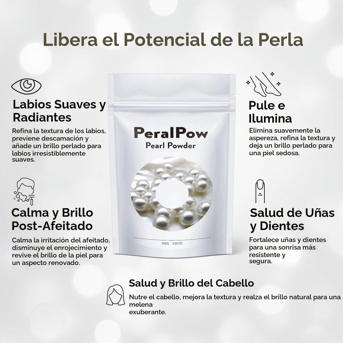 Peralpow Polvo De Perla Orgánico 100 G 100% Natural Cuidado De La Piel Casero Antienvejecimiento Minimiza Los Poros Calma(100 G)