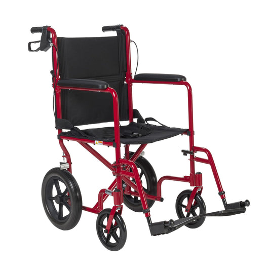 Silla de Ruedas de Transporte Ligera Drive Medical Azul con Frenos Manuales Roja, Tamaño 19