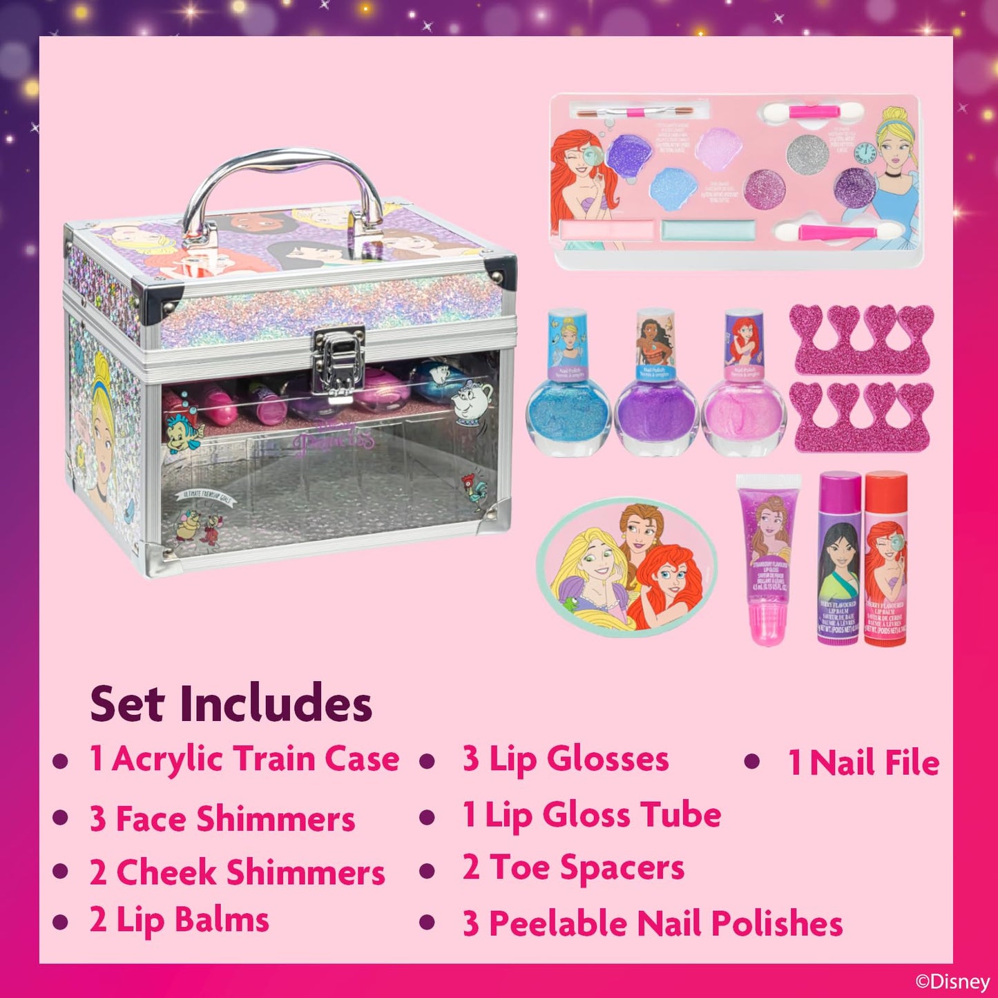 Disney Princess Set de Maquillaje para Niñas Gloss y Esmalte con Maletín de Belleza