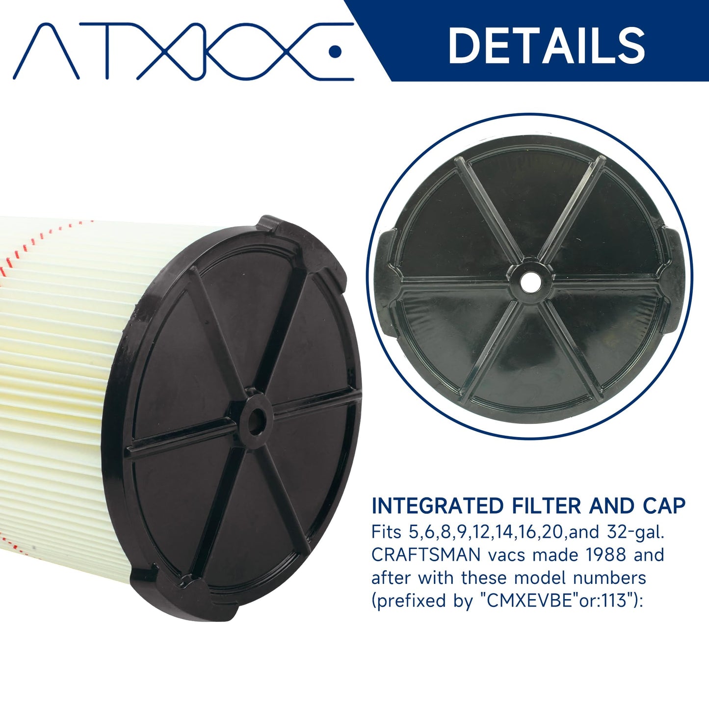 ATXKXE Filtro de repuesto para Craftsman CMXZVBE38754 apto para aspiradora de tienda de 5 a 20 galones (paquete de 2)