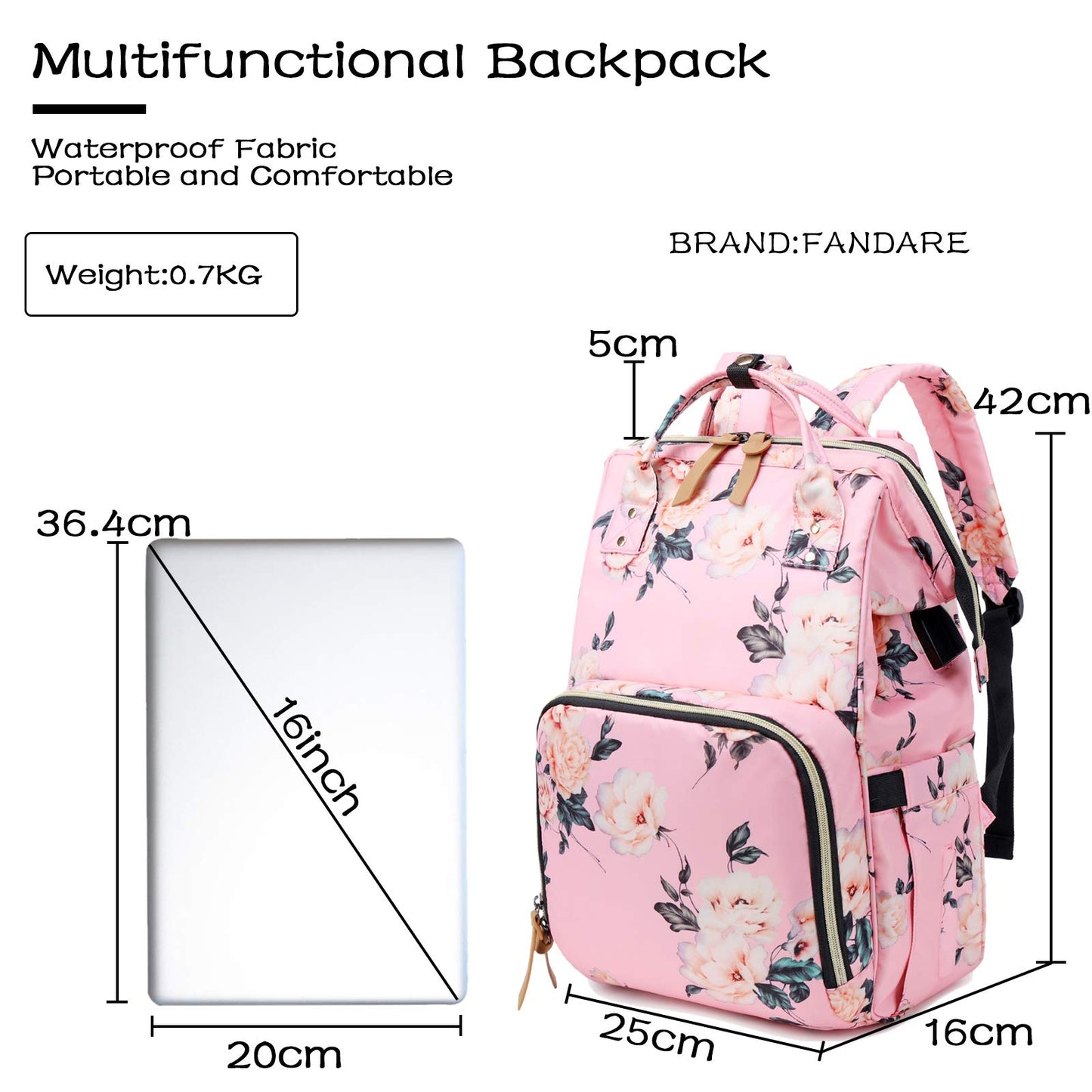 FANDARE Mochilas de Pañales Bebé Bolsa de Pañales con Puerto USB Enchufe de Audífonos Mochila de Viaje Mamá Multifuncional Gran Bolsa de Cambio de Bebé Duradero Nylon Rosado