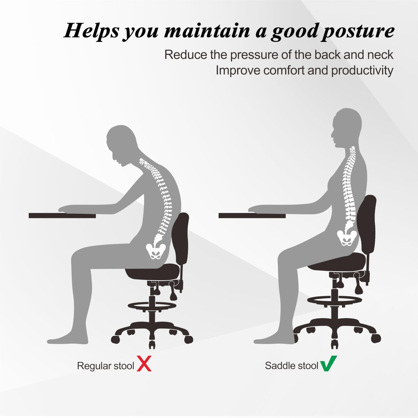 HNKastela Taburete ergonómico con Soporte Trasero, Taburete de Altura Ajustable con Ruedas, para salón de Masaje, Cocina médica (con Respaldo, Gris Claro)