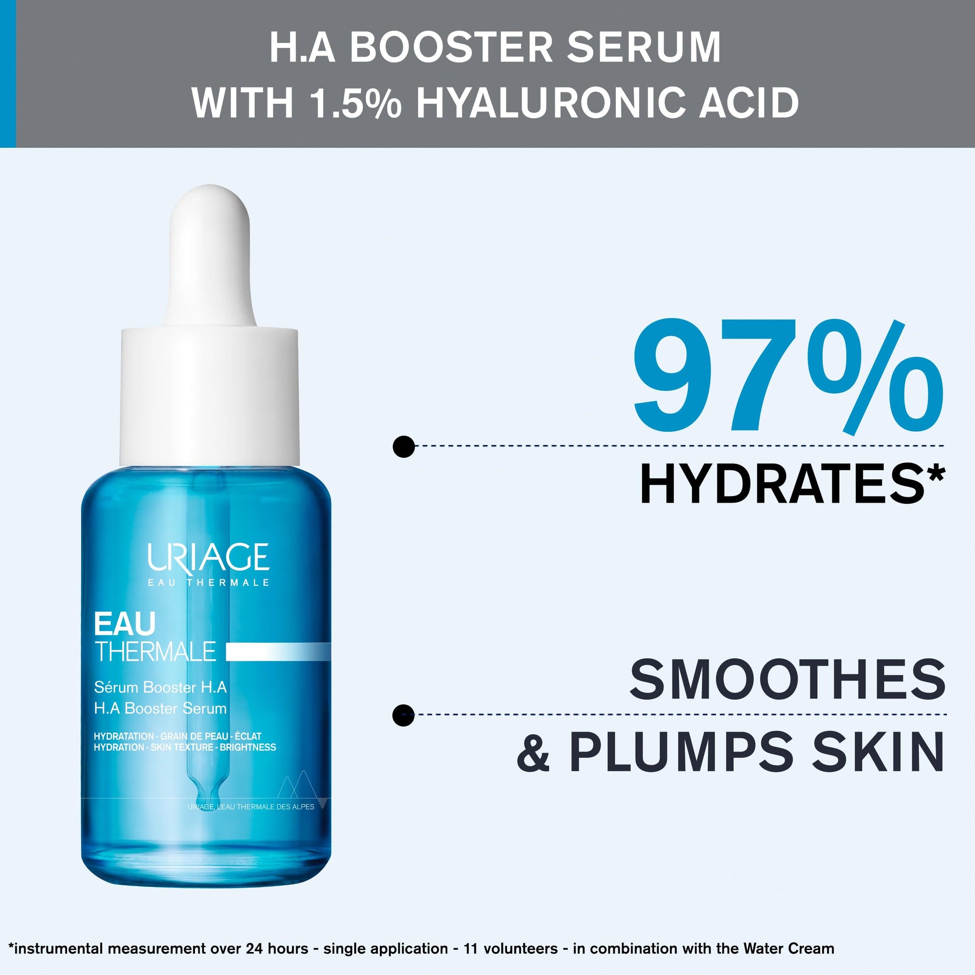 Uriage Eau Thermale sérum Booster con 1.5% de Ácido Hialurónico 30ml - 86% piel redensificada - Fórmula 97% natural - Efecto piel de melocotón, aroma agradable I Sin parabenos I No comedogénico