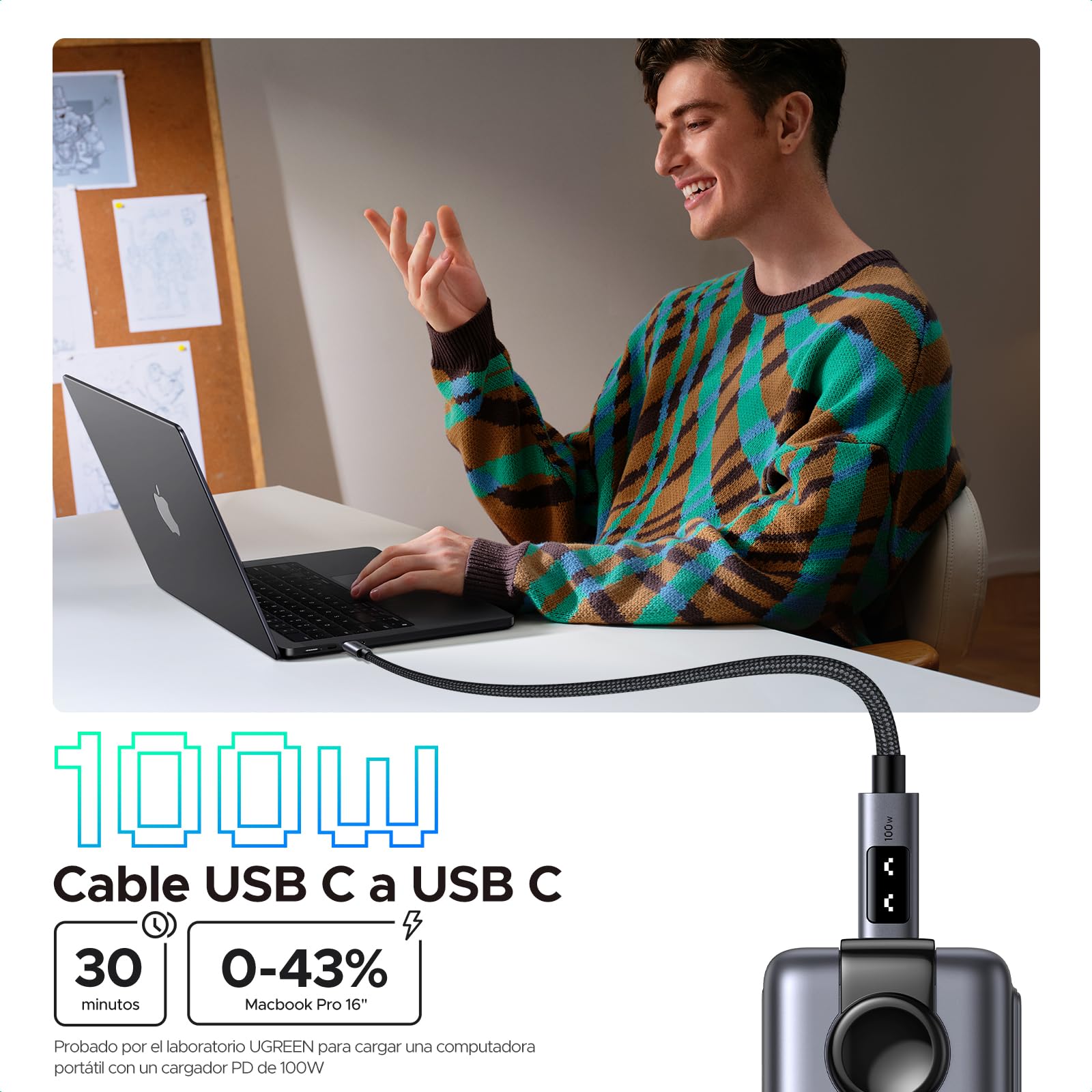 UGREEN UNO Cable USB C a USB C 100W (5A/20V) Tipo C PPS Carga Rápida PD 3.0 Pantalla Compatible con M4 MacBook Pro Air, iPad 2024, iPhone Air 17 16 15, Galaxy S25 S24 Ultra, Pixel 10 9 8, 0.5M, Negro