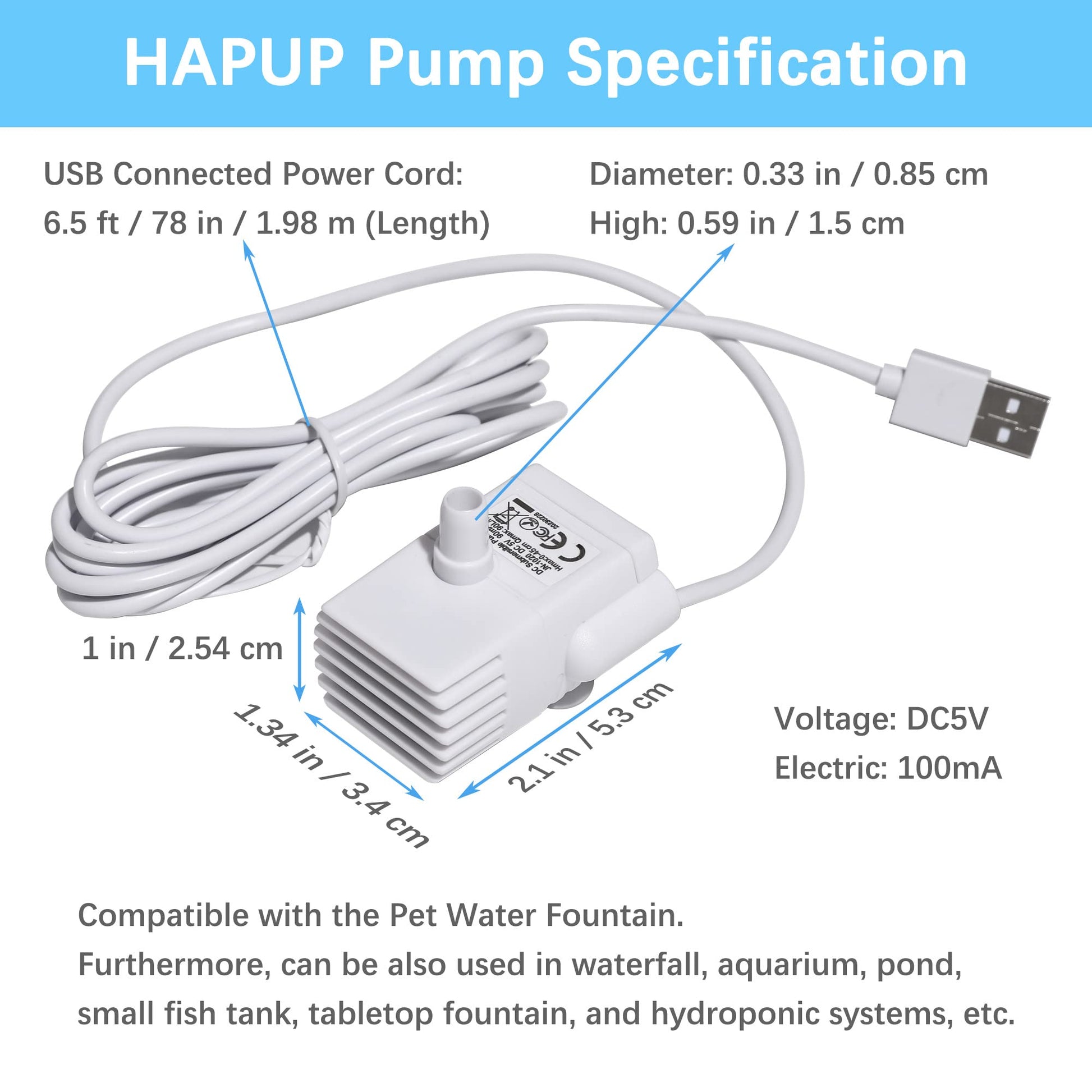 HAPUP - Bomba de fuente de agua para gatos silenciosa DC5V original para mascotas (170 L/H) con cable de alimentación USB de 6.5 pies para agua HAPUP para perro, fuente de agua hidropónico de tanque