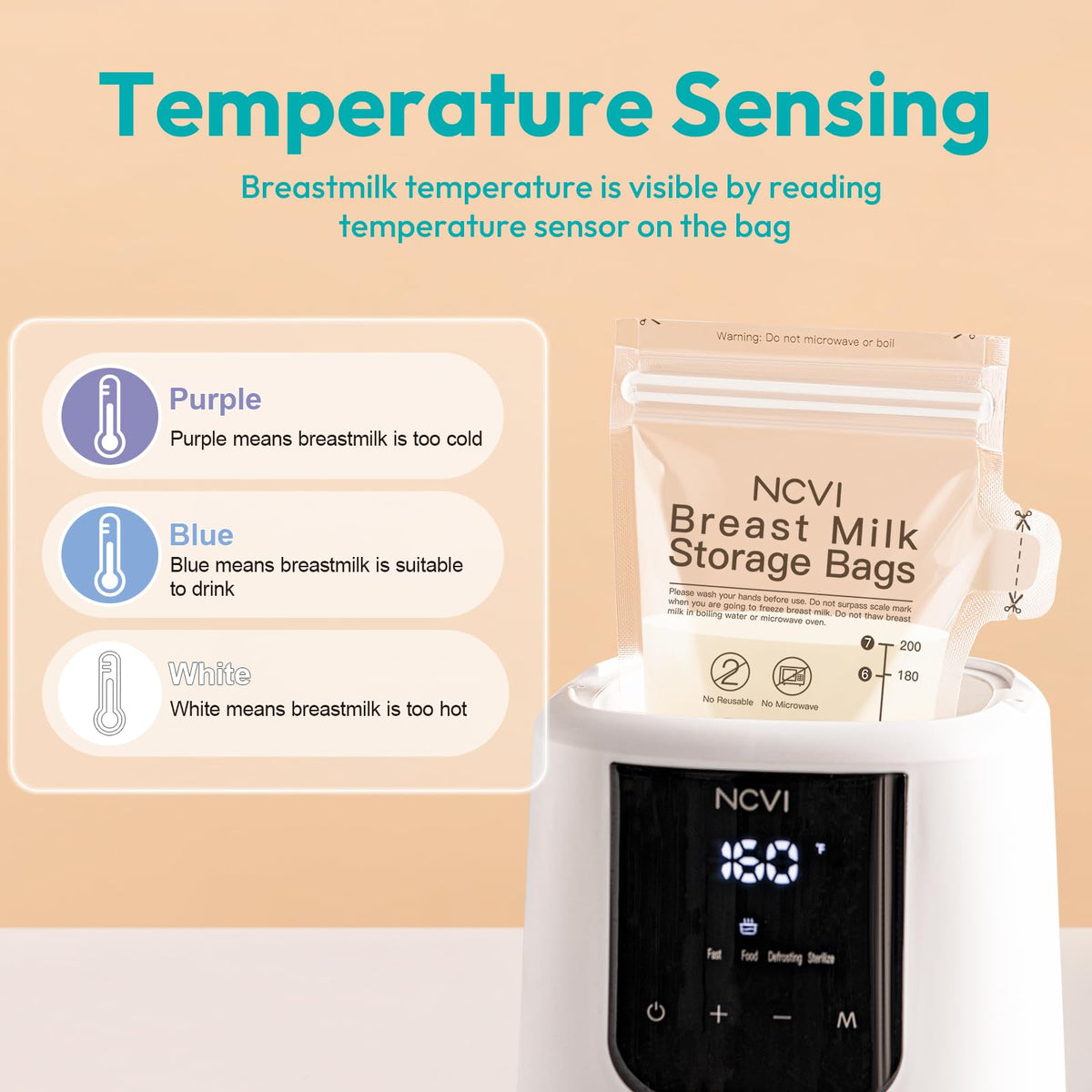 NCVI Bolsas de almacenamiento de leche materna, bolsas de almacenamiento de leche de 180 unidades para lactancia materna, bolsas de almacenamiento de congelador de leche materna de 7 onzas con sensor de temperatura, pre-Sterilizadas, autónomas, boquilla d