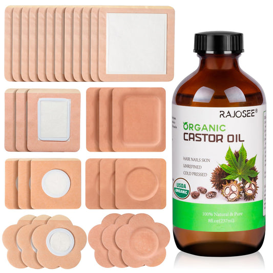 RAJOSEE Paquete De Aceite De Ricino De 32 Piezas Con Aceite De Ricino, Botella De Vidrio Prensado En Frío Orgánico De 8 Oz, Envoltura De Aceite De Ricino De Algodón Para Cintura, Espalda, Cu