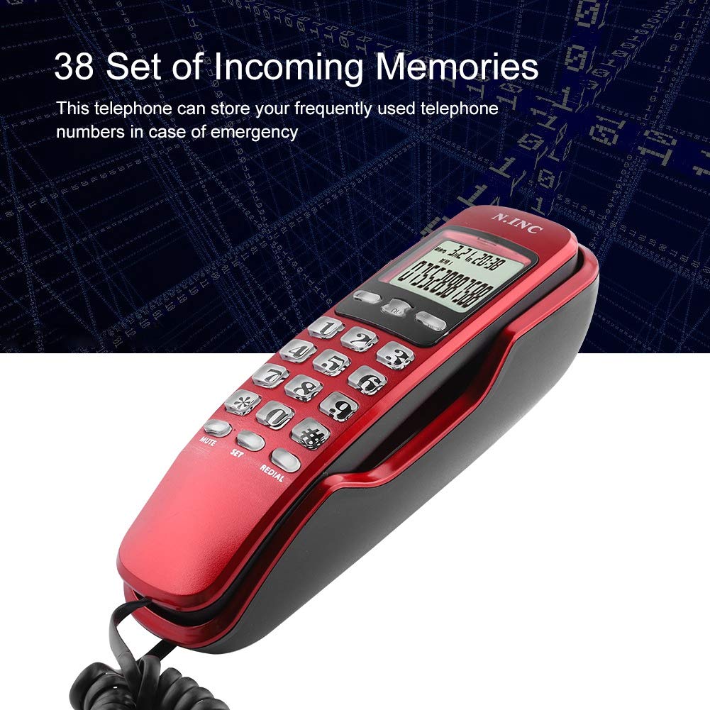 ASHATA Teléfono Fijo con Pantalla LCD, Teléfono con Cable Multifuncional Capacidad de 38 Contactos,Memoria Entrante,Comprobación de Recuerdos,Devolución de Llamada(DTMF/FSK)(Rojo)