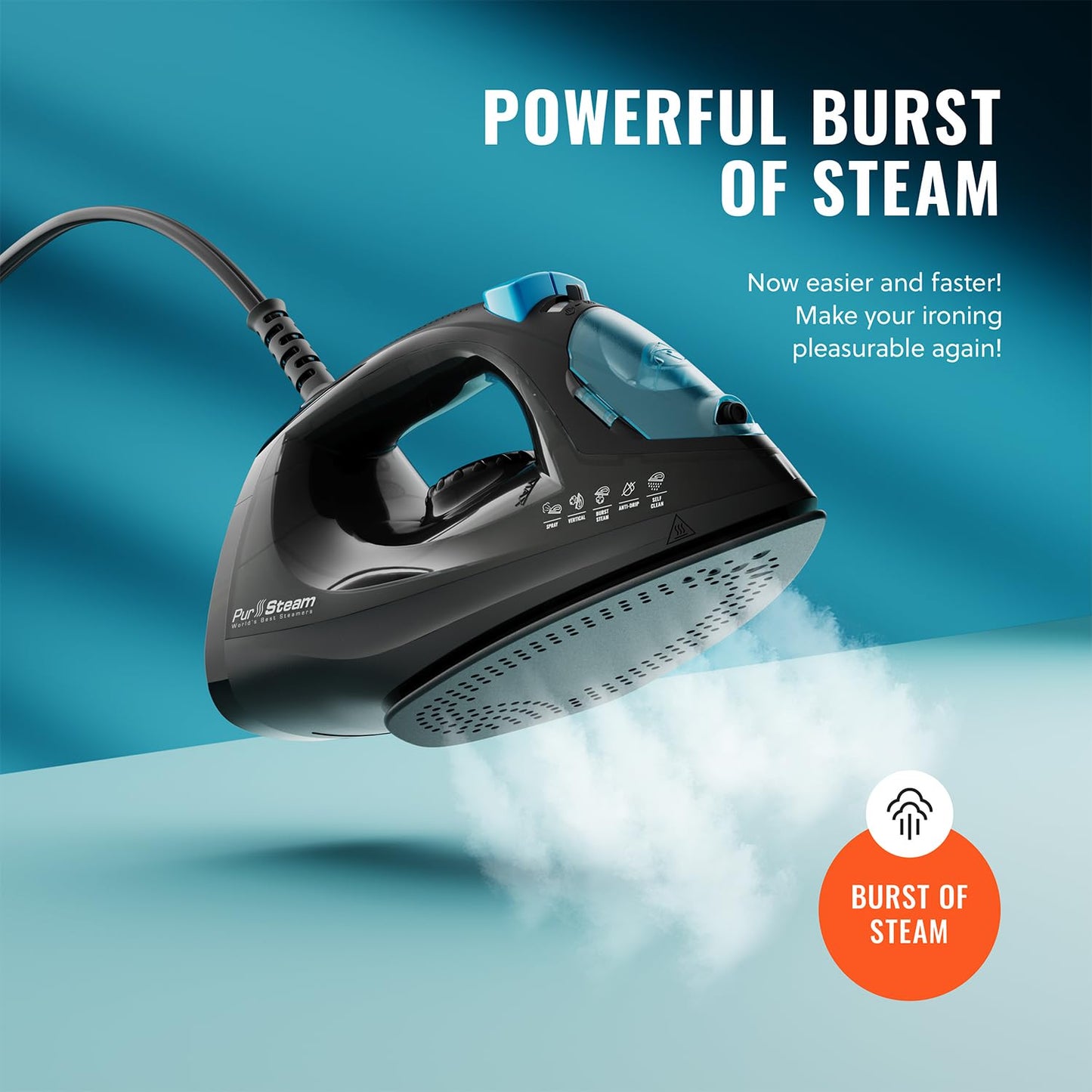 PurSteam Professional - Plancha de vapor de 1250 W, potente vaporizador con ráfaga de vapor y pulverización, suela antiadherente, fácil control de temperatura y apagado automático