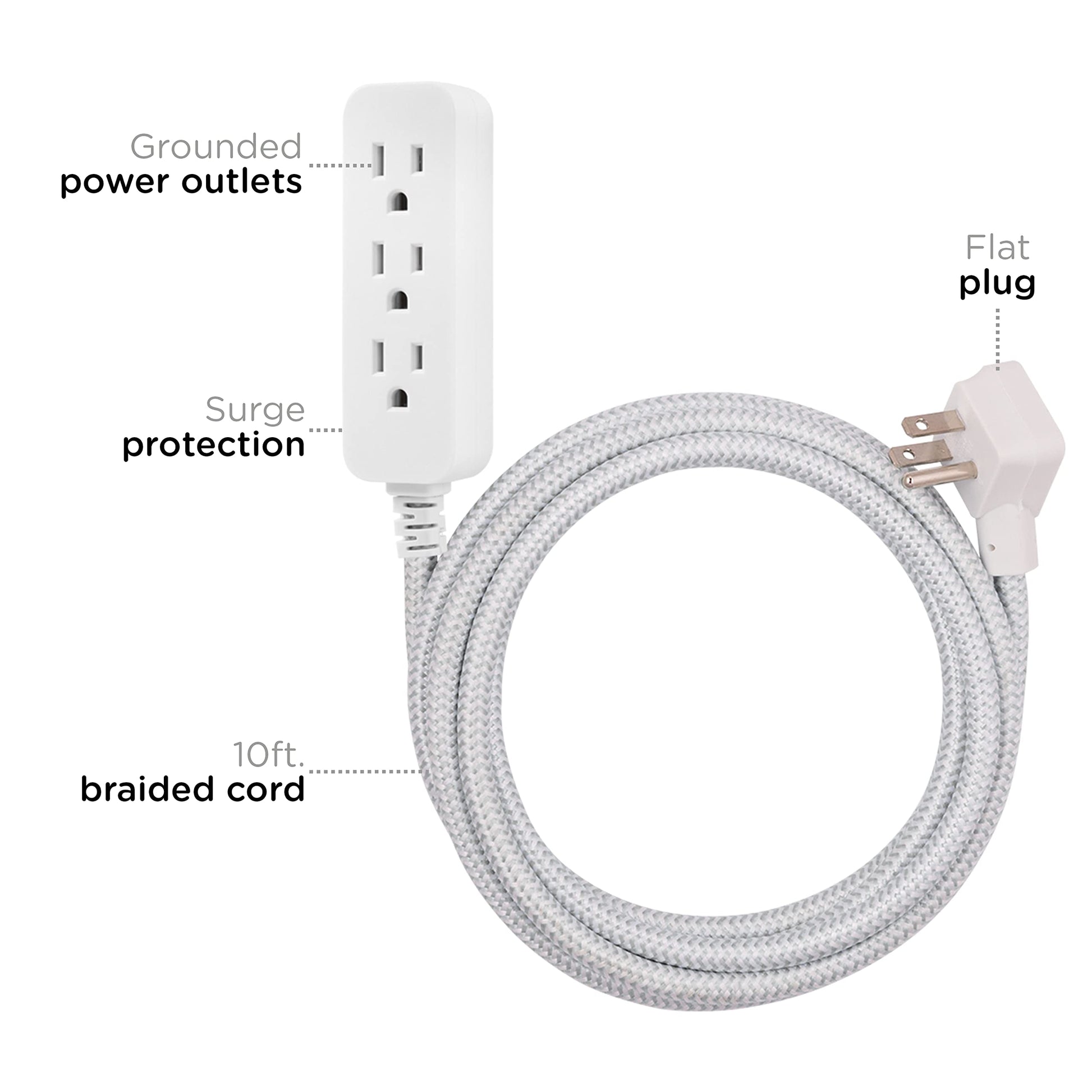 Cordinate Designer 37914 Cable de extensión de 3 Salidas con protección contra sobretensiones, Gris, Cable de Tela Decorativa Trenzada, 10 pies