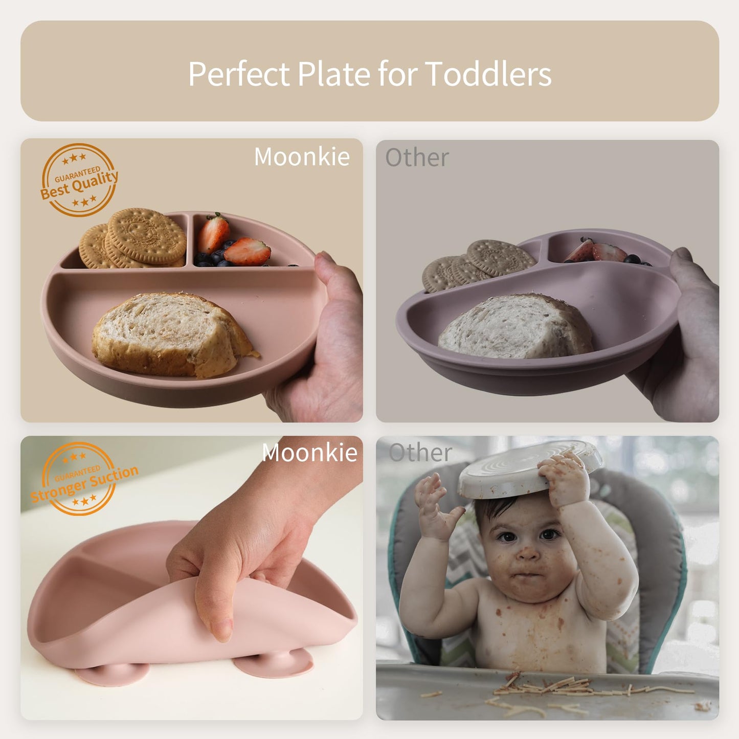 Platos de Succión Moonkie Menta Salvia Gris Lunar Diseño Dividido para Niños 100 % Silicona sin BPA