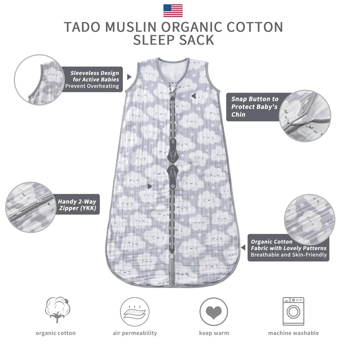 TADO MUSLIN - Saco de dormir para bebé de 2 a 4 T, manta portátil para bebé, 100% algodón orgánico, 0.5 TOG, sacos de dormir para niños pequeños, cierre de 2 vías, 4 capas, 2T, 3T, 4T, nube