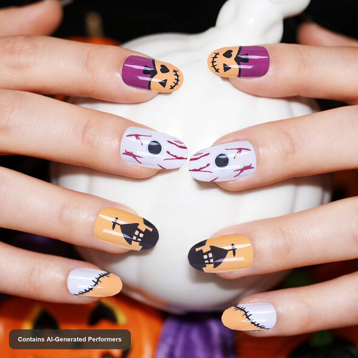 Muswarm Uñas postizas de Halloween, tamaño mediano, cortas y cuadradas, 24 piezas con calabaza, araña y casa embrujada, decoración de Halloween, con herramientas, amarillo, negro y blanco.