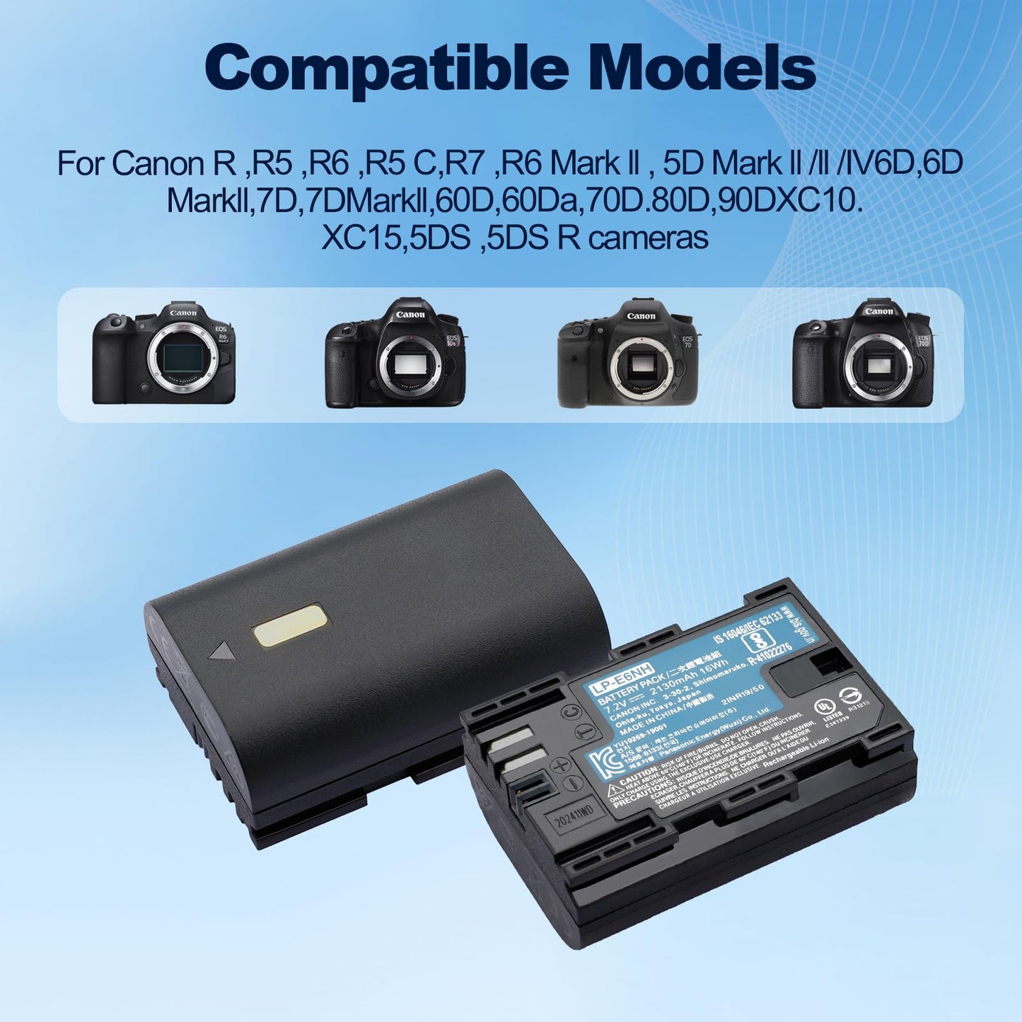 LP-E6NH - Batería de repuesto compatible con cámaras Canon EOS R EOS R5 EOS R6 EOS R6 II EOS R7 EOS 90D EOS 60D EOS 70D EOS 80D EOS 6D II EOS 7D EOS 7D Mark II (2130 mAh, 100% compatible con original)