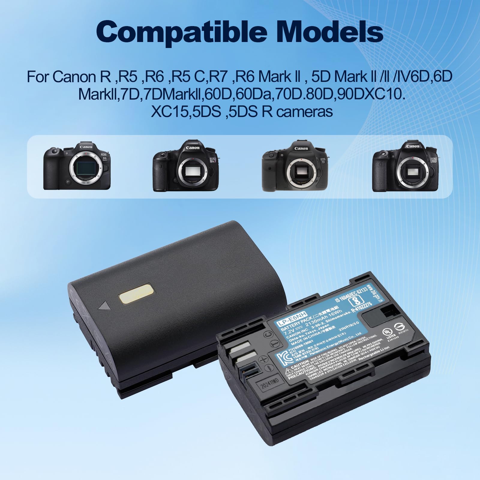 LP-E6NH - Batería de repuesto compatible con cámaras Canon EOS R EOS R5 EOS R6 EOS R6 II EOS R7 EOS 90D EOS 60D EOS 70D EOS 80D EOS 6D II EOS 7D EOS 7D Mark II (2130 mAh, 100% compatible con original)