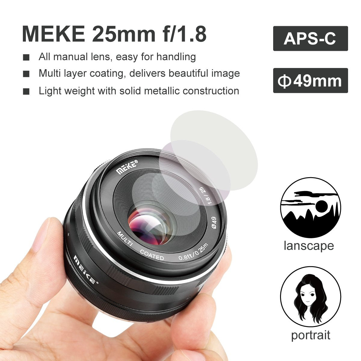 Meike 25mm f/1.8 Large Aperture Wide Angle Lens Manual Focus Lens for Sony Mirrorless Emount Cameras