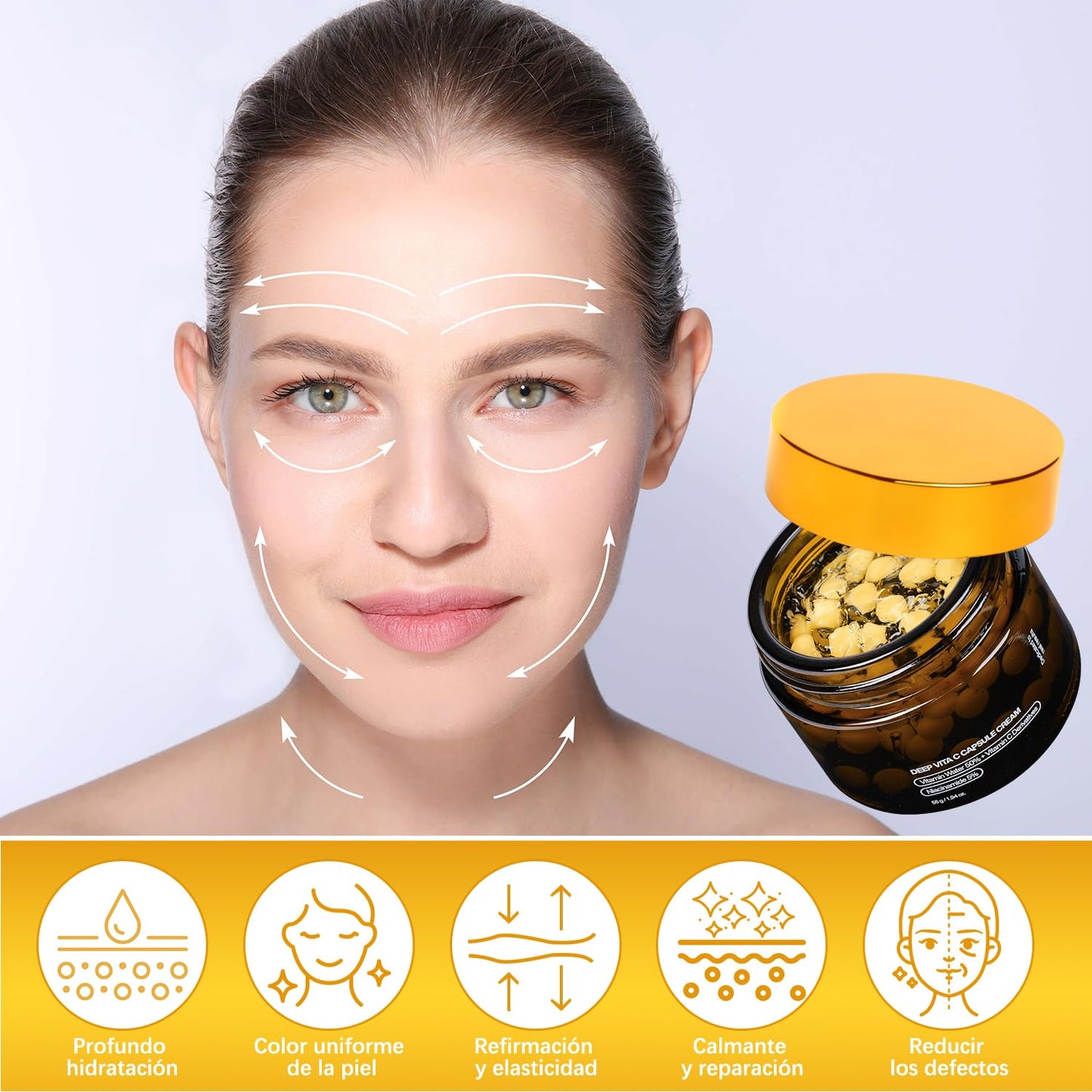 LUSCOR Deep Vitamin C Capsule Cream,Crema en cápsulas Deep Vita C,Gold Capsule Moisturizer,Para antiarrugas y aclaración de la piel: gel transparente, humectante e hidratante