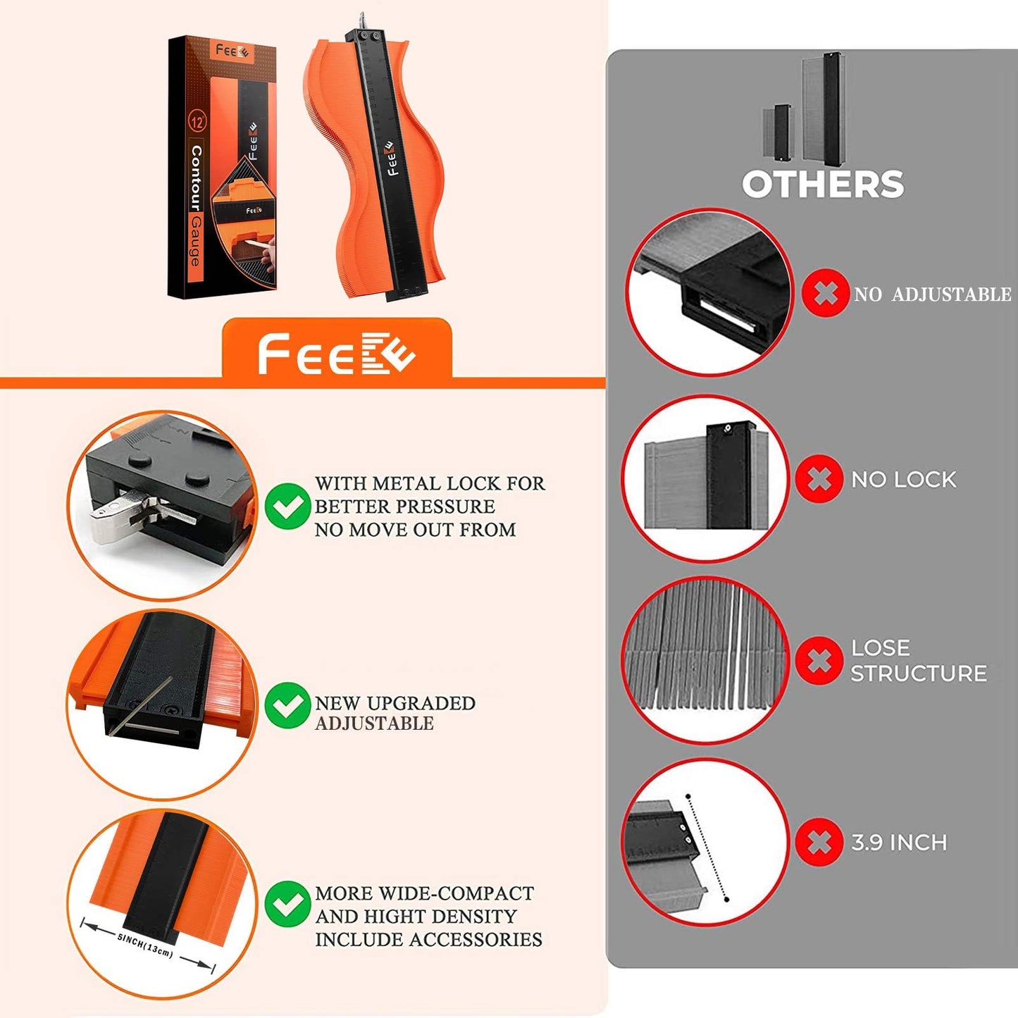 Medidor de Contorno con Herramienta de Perfil de Bloqueo 12 Pulgadas para Hombre