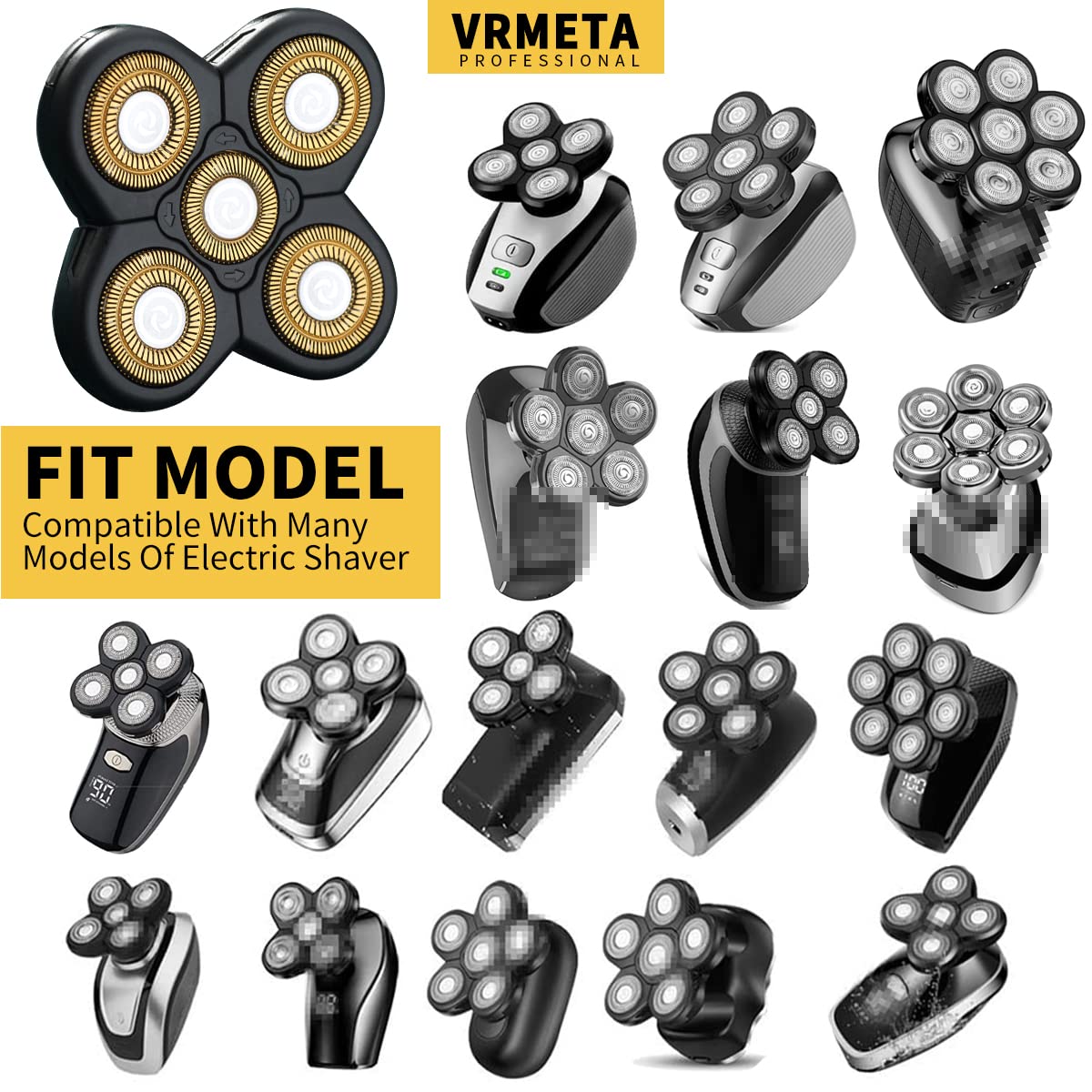 VRMETA - Cabezales de repuesto para afeitadora eléctrica de 5 cuchillas afiladas de acero inoxidable cuchillas de repuesto flexibles alternativas para afeitadora eléctrica giratoria (5 cabezales (dorado)