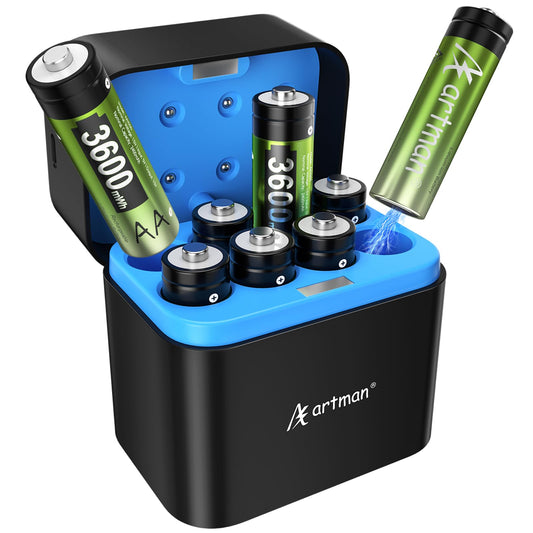 Artman 3600mWh Pilas Recargables de Litio AA con Cargador, Pack de 8 Pilas de Litio AA de 1,5V para Cámara Exterior Blink, Batería Recargable Doble A de Larga Duración con Más de 2000 Ciclos (Verde)