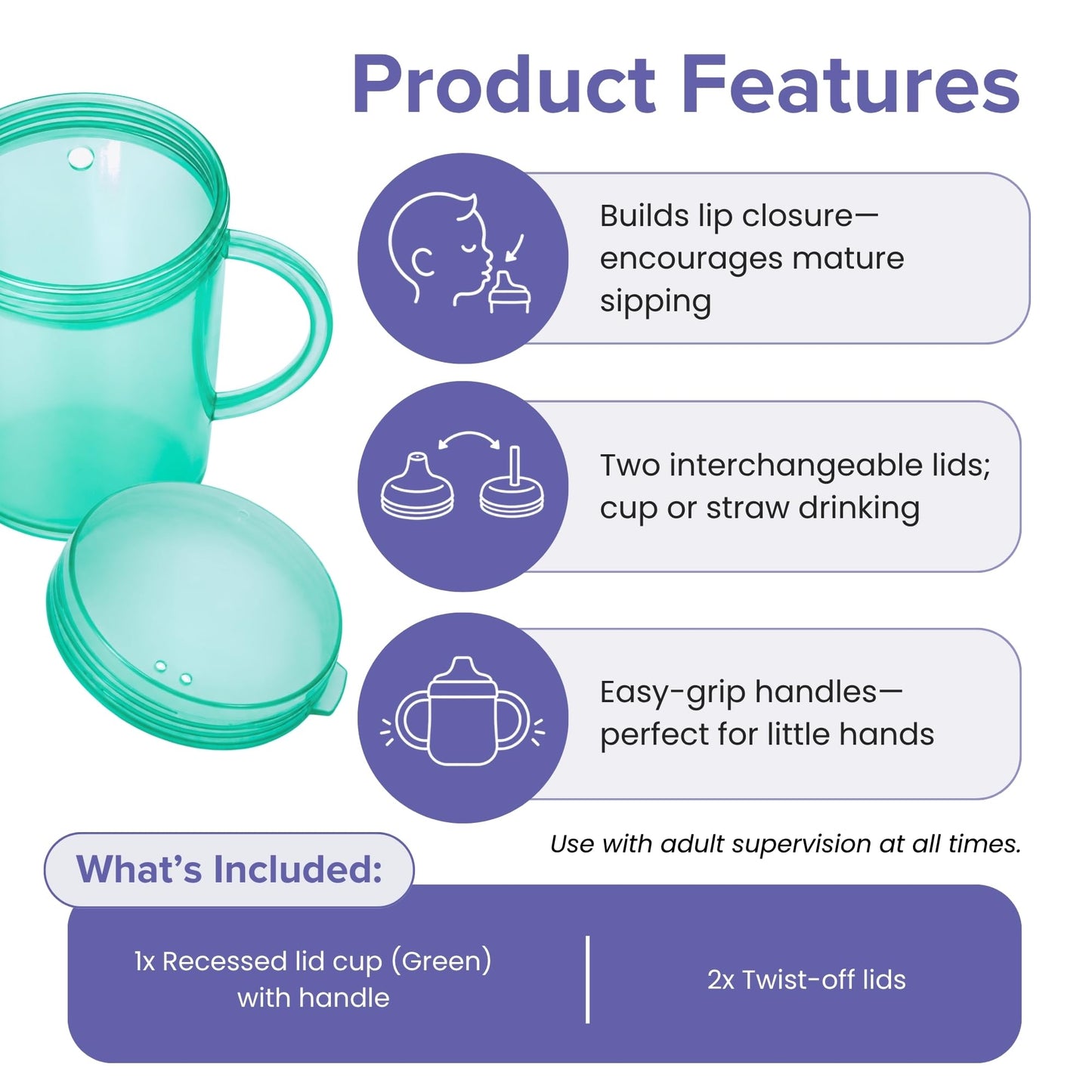 TalkTools Recessed Lid with Handles - Leak Proof - Promotes Oral Motor Skills, Lip Closure and Self-Feeding - Drinking Bottle Alternative | Food grade materials (Green)