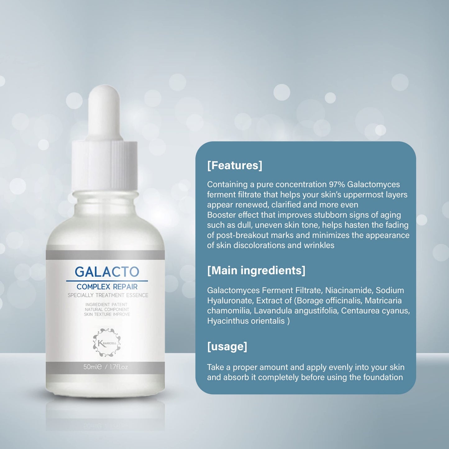 Galactomyces 97, suero facial de acido hialuronico de niacinamida, 1.7 fl oz, esencia facial para antienvejecimiento, antiarrugas, blanqueamiento, brillo, hidratante, calmante, elasticidad de la piel, control de sebo y cicatriz de acne
