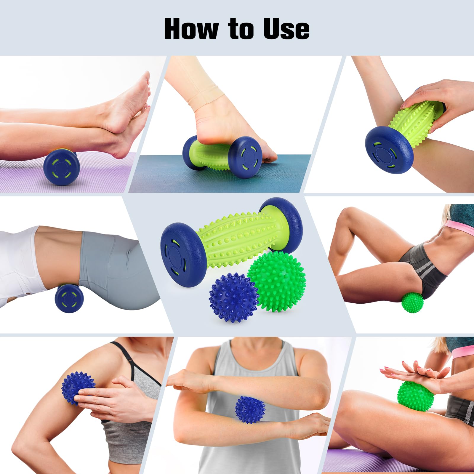 Juego de bolas masajeadoras para fascitis plantar, rodillo de 1 pie y 2 bolas de masaje con pinchos, tejido profundo, para alivio de la fascitis plantar, terapia de punto de activación, alivio del estrés