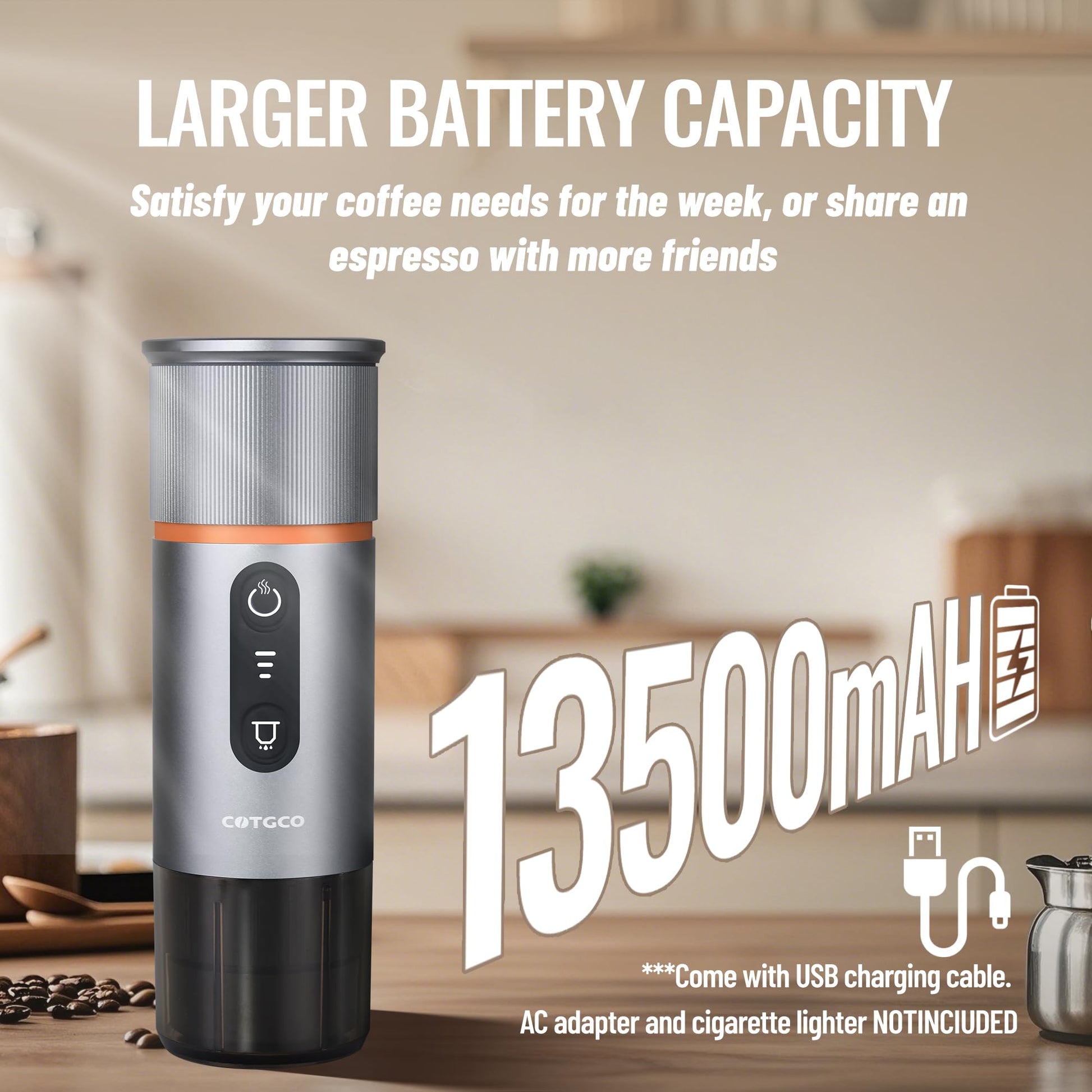 COTGCO - Cafetera portátil para viajes: cafetera portátil, autocalentamiento, haz 8 tazas de café de una sola carga, café en cualquier momento, compatible con cápsulas Nespresso, color gris
