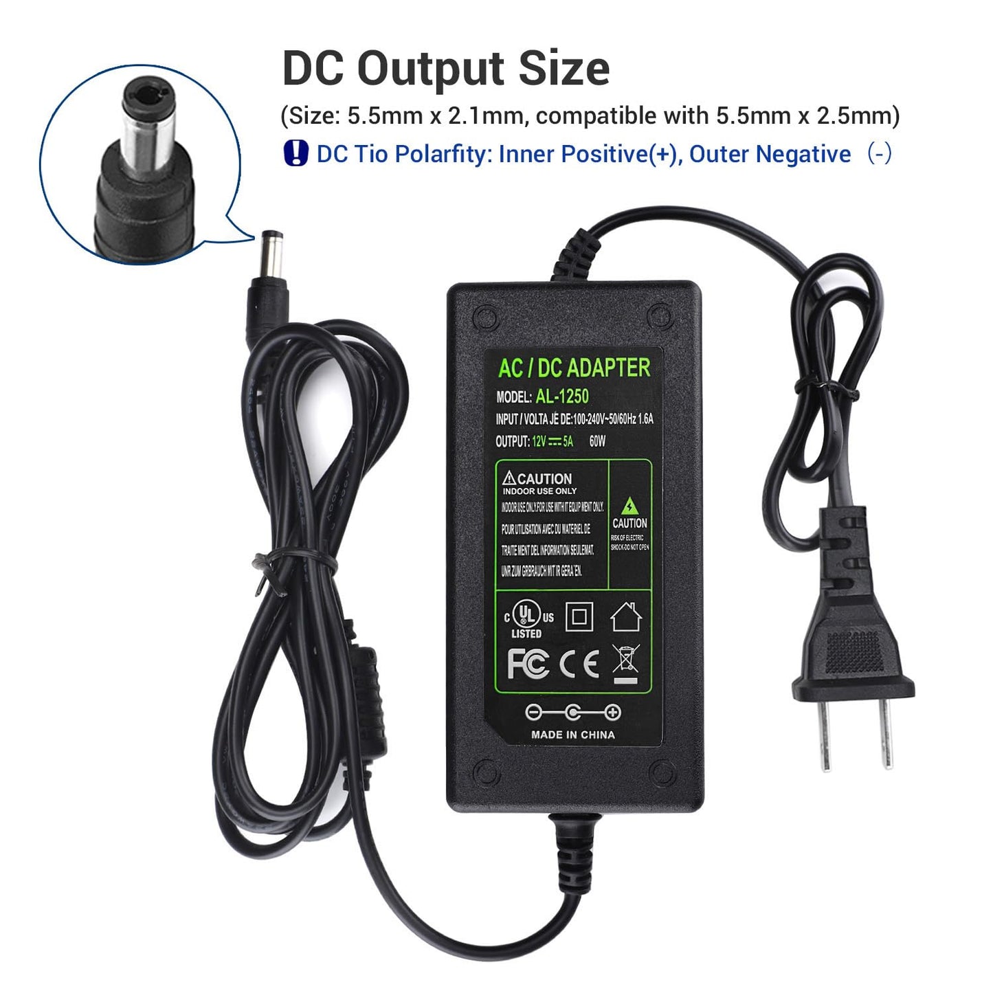 DC 12V 5A Power Supply Adapter, US Plug, 4.6FT Power Code, AC 100-240V to DC 12V 5A Switching Transformer Jack 5.5mm x 2.5mm for LED Strip, Light, Cameras CCTV