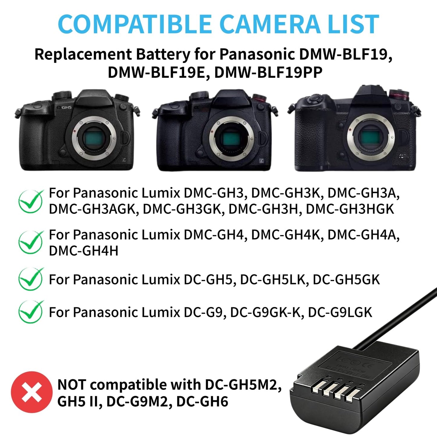 Kimaru DMW-DCC12 DC Coupler DMW-AC10 Adaptador de alimentación de CA DMW-BLF19 Kit de batería simulada para cámaras DMC-GH3 GH4 GH3K GH4K GH3A GH3H GH4H DC-GH5 GH5S GH5M G9 G9L.