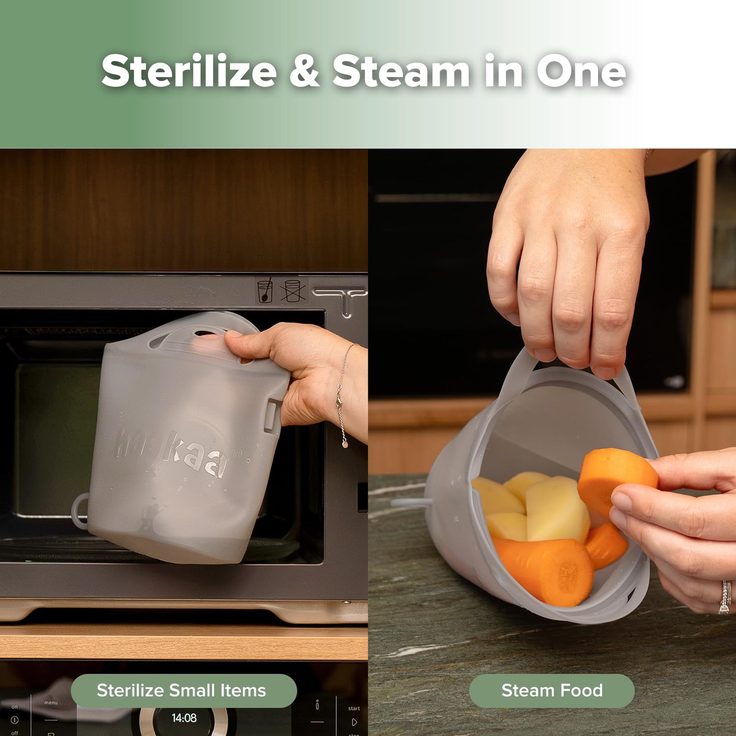 Bolsa de silicona para microondas y esterilización de viaje Haakaa, bolsas de silicona reutilizables para vaporizar de 900ml/30oz para artículos pequeños de bebé, chupetes, mordedores o tazas de bebé