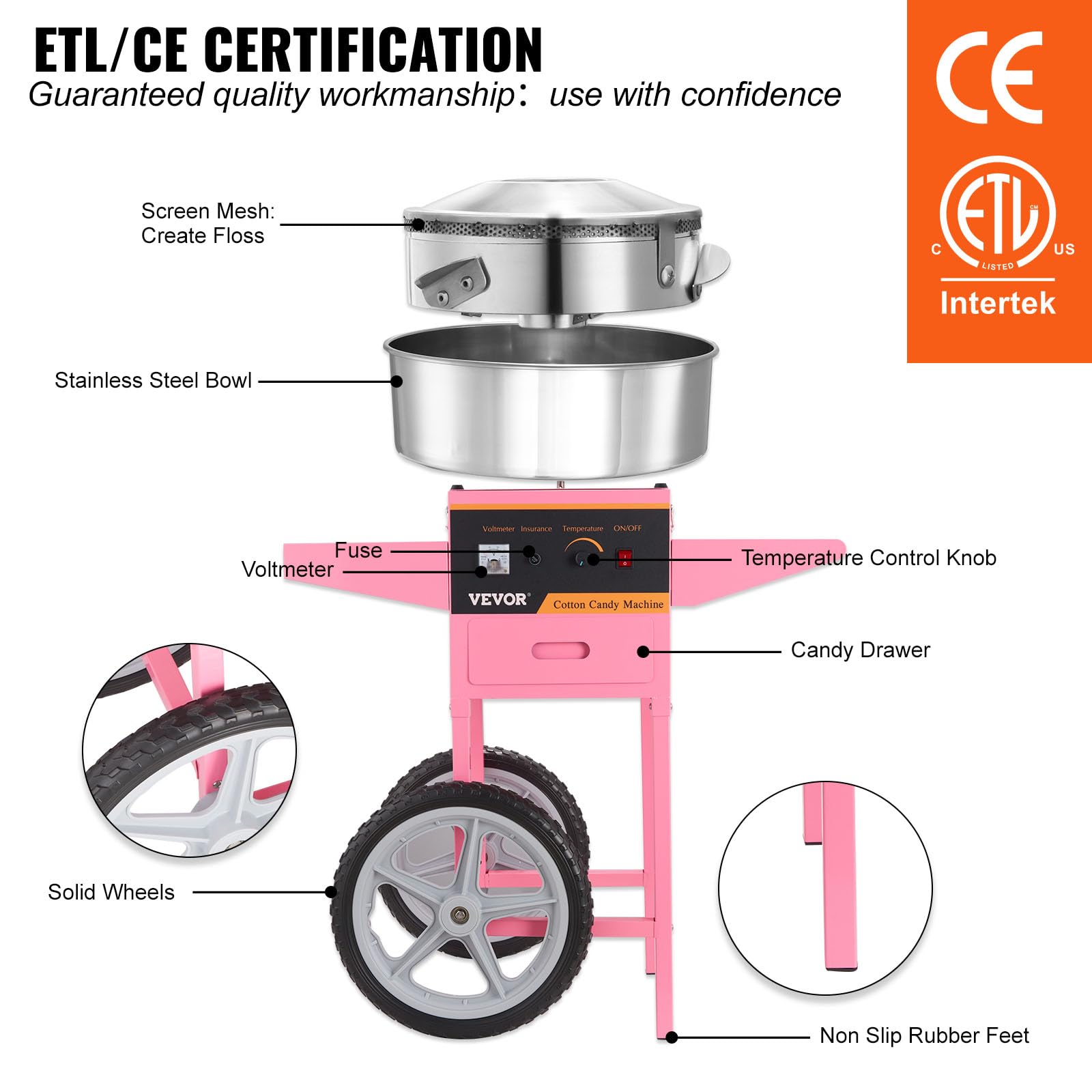 Carro Eléctrico de Algodón VEVOR Rosa con Tazón de Acero Inoxidable y Cuchara de Azúcar
