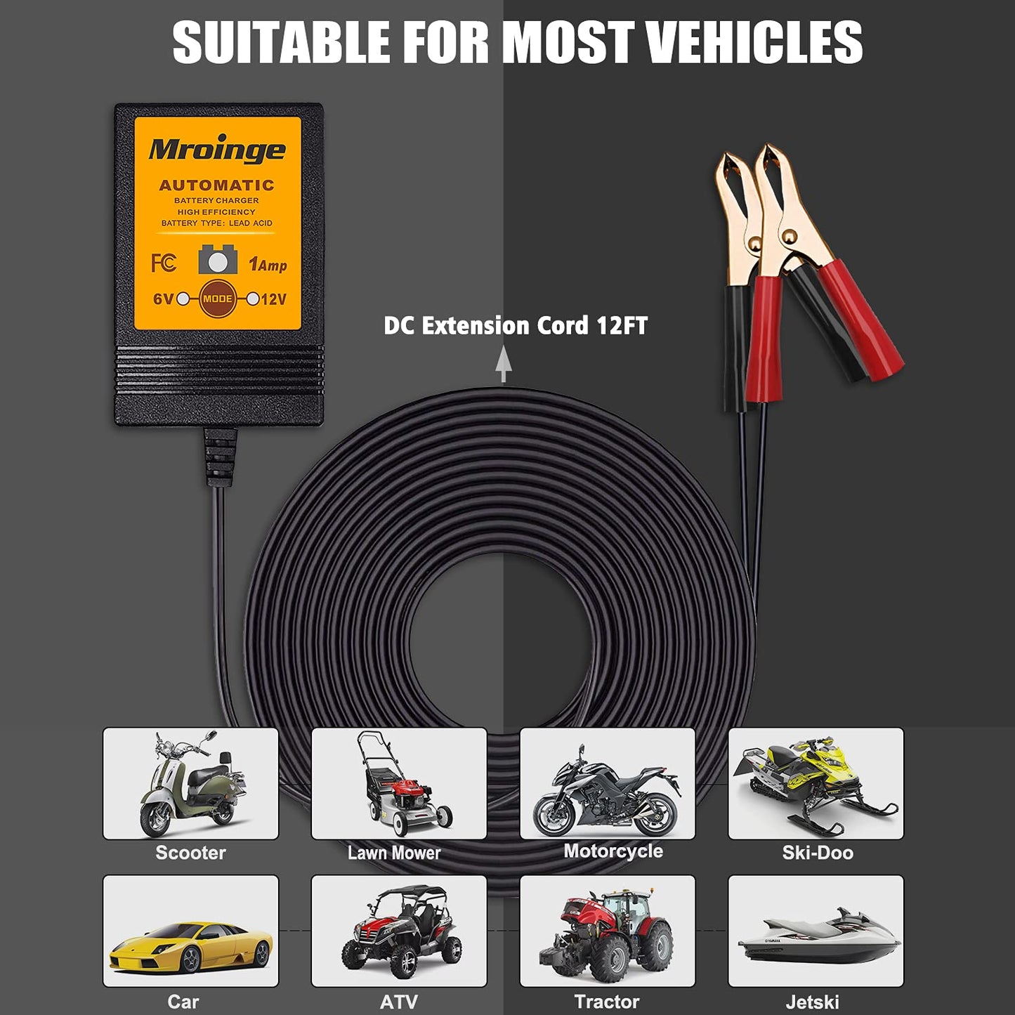 Mroinge Cargador y mantenedor de batería totalmente automático de 6 V/12 V 1 A para automóviles, motocicletas, cortacésped, ATV, RV, lancha, baterías selladas de gel AGM de ciclo profundo