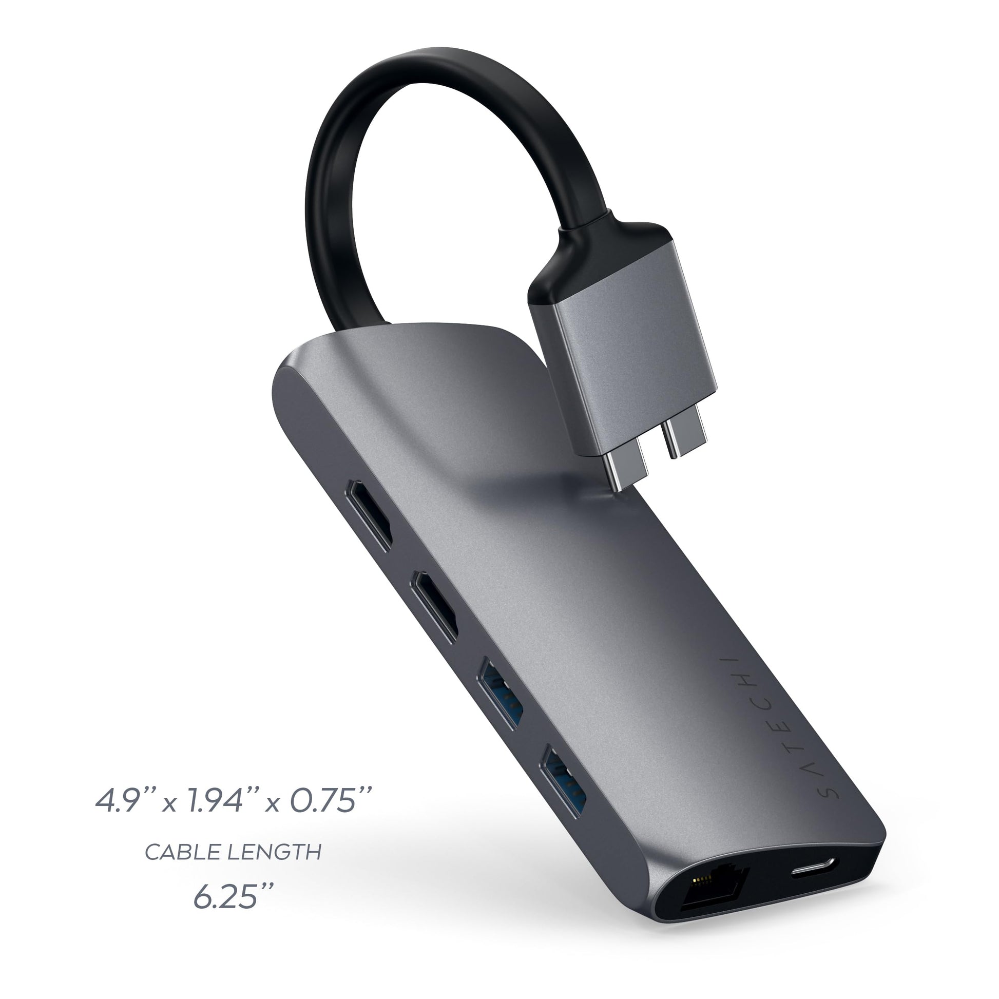 SATECHI Adaptador USB C Doble Multimedia Tipo-C con HDMI 4K, USB-C PD, Gigabit Ethernet, Lector de Tarjetas MicroSD, USB 3.0 - para M2/ M1 MacBook Pro/Air (Gris Espacial)