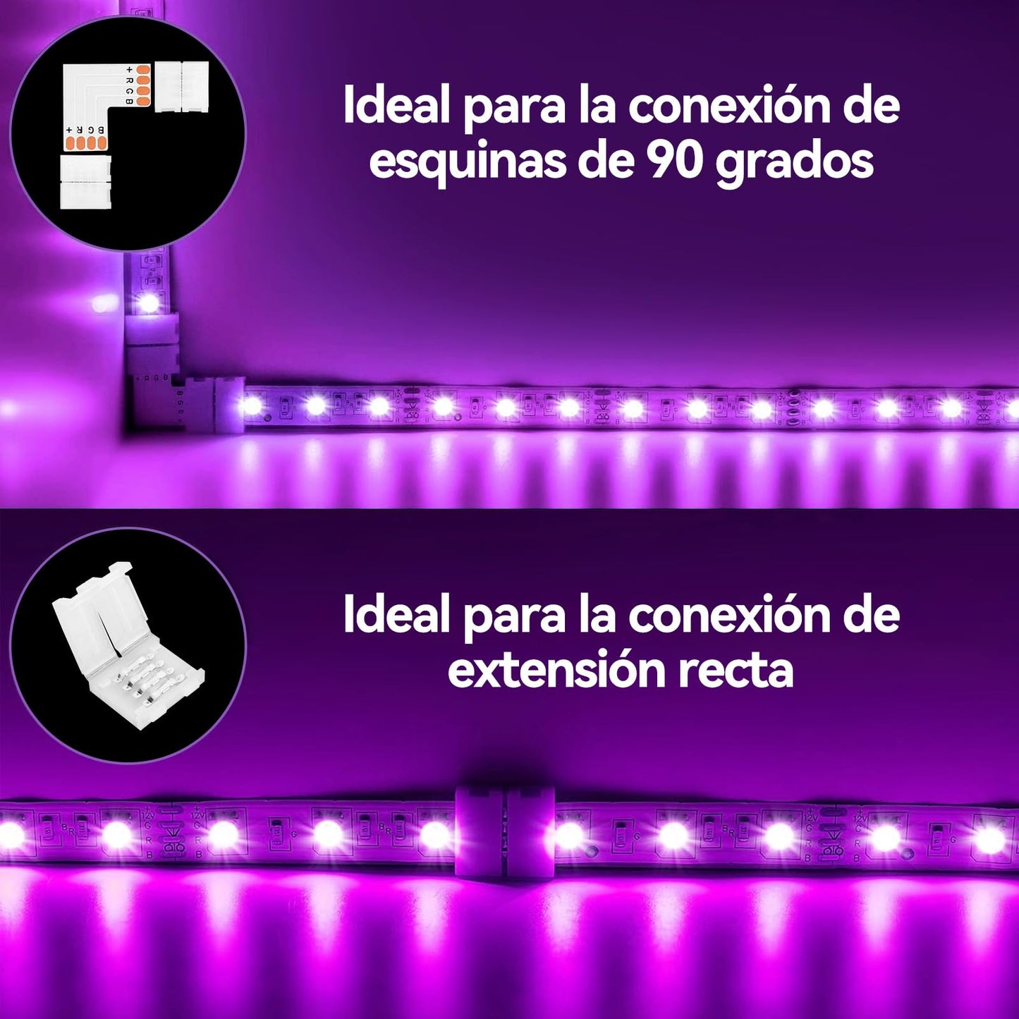 Conectores LED 4 Pines en Forma L 10mm para Extensión de Tiras LED sin Soldadura 10 Piezas